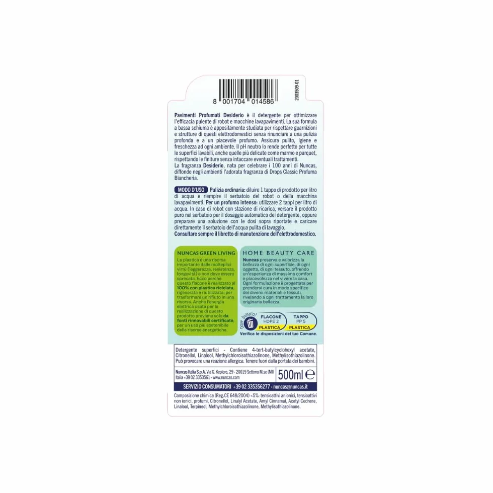 Nuncas Detergente Pavimenti Desiderio Multipack 3 x 500 ml per Robot e Lavapavimenti