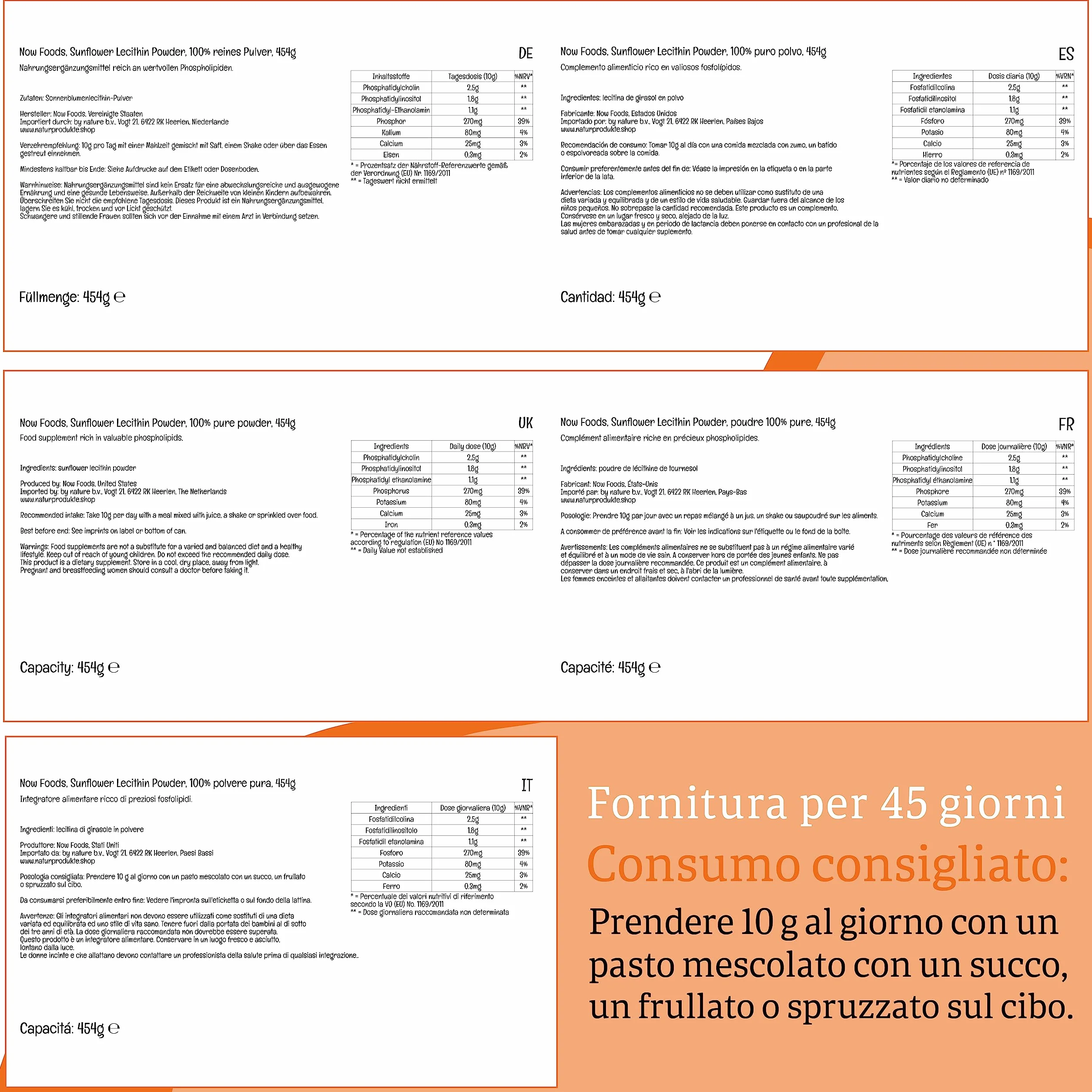 Now Foods Sunflower Lecithin Pura Polvere Vegana 454 g Senza Glutine Senza Soia