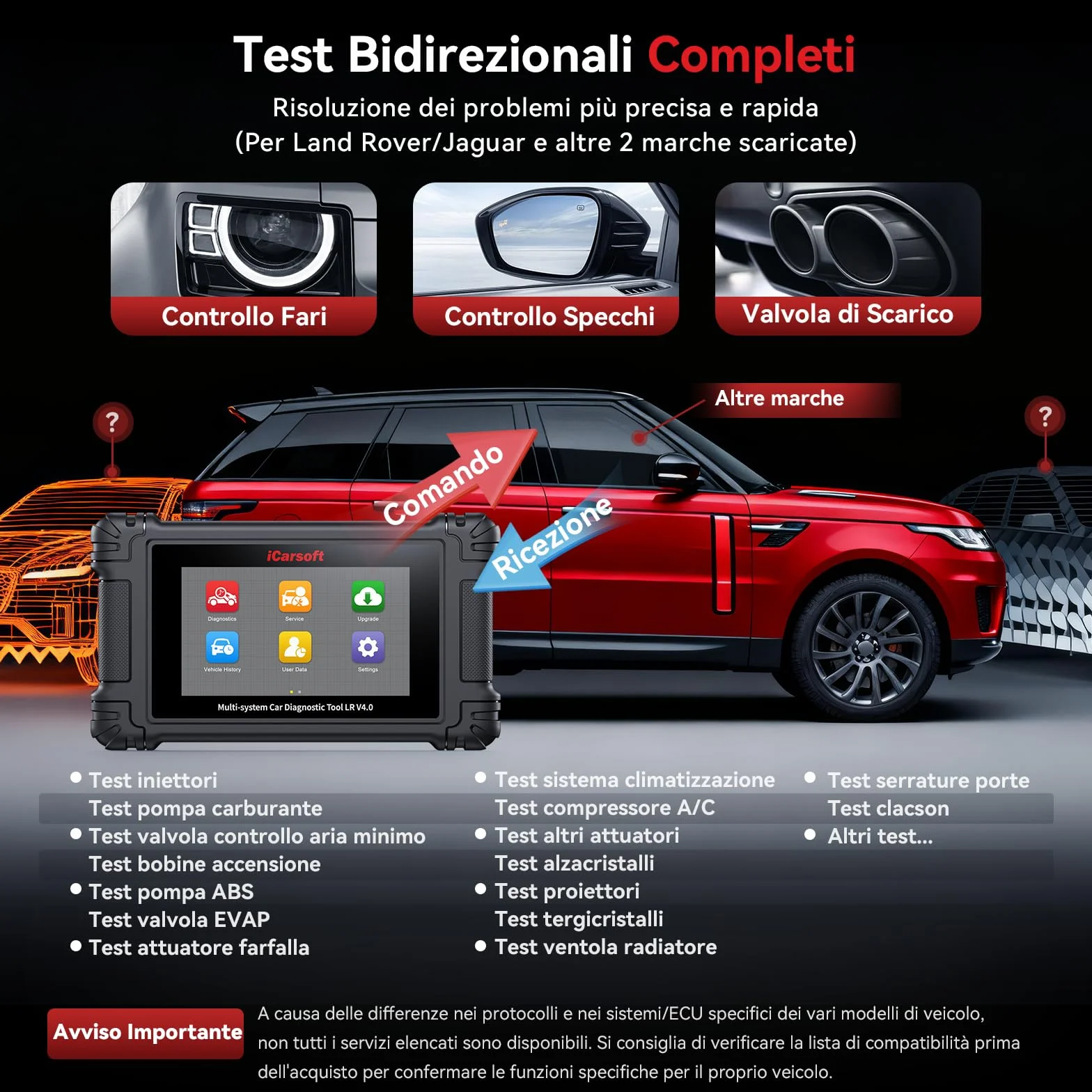 iCarsoft LR V4.0 OBD2 Diagnostica Auto per Land Rover Jaguar, 37 Servizi, Test Bidirezionale, WiFi
