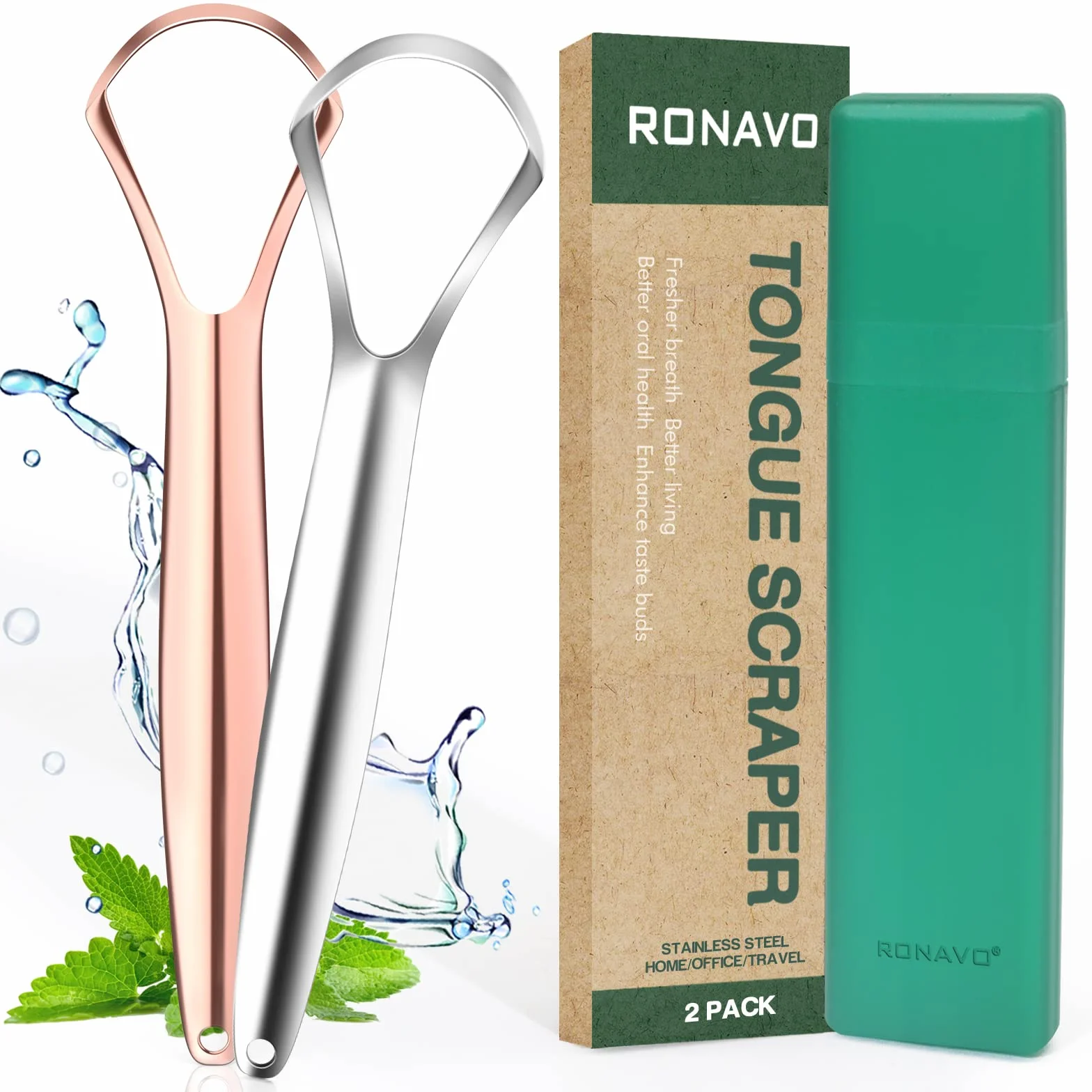 RONAVO Pulisci Lingua Acciaio Inox 2 Pezzi con Custodia