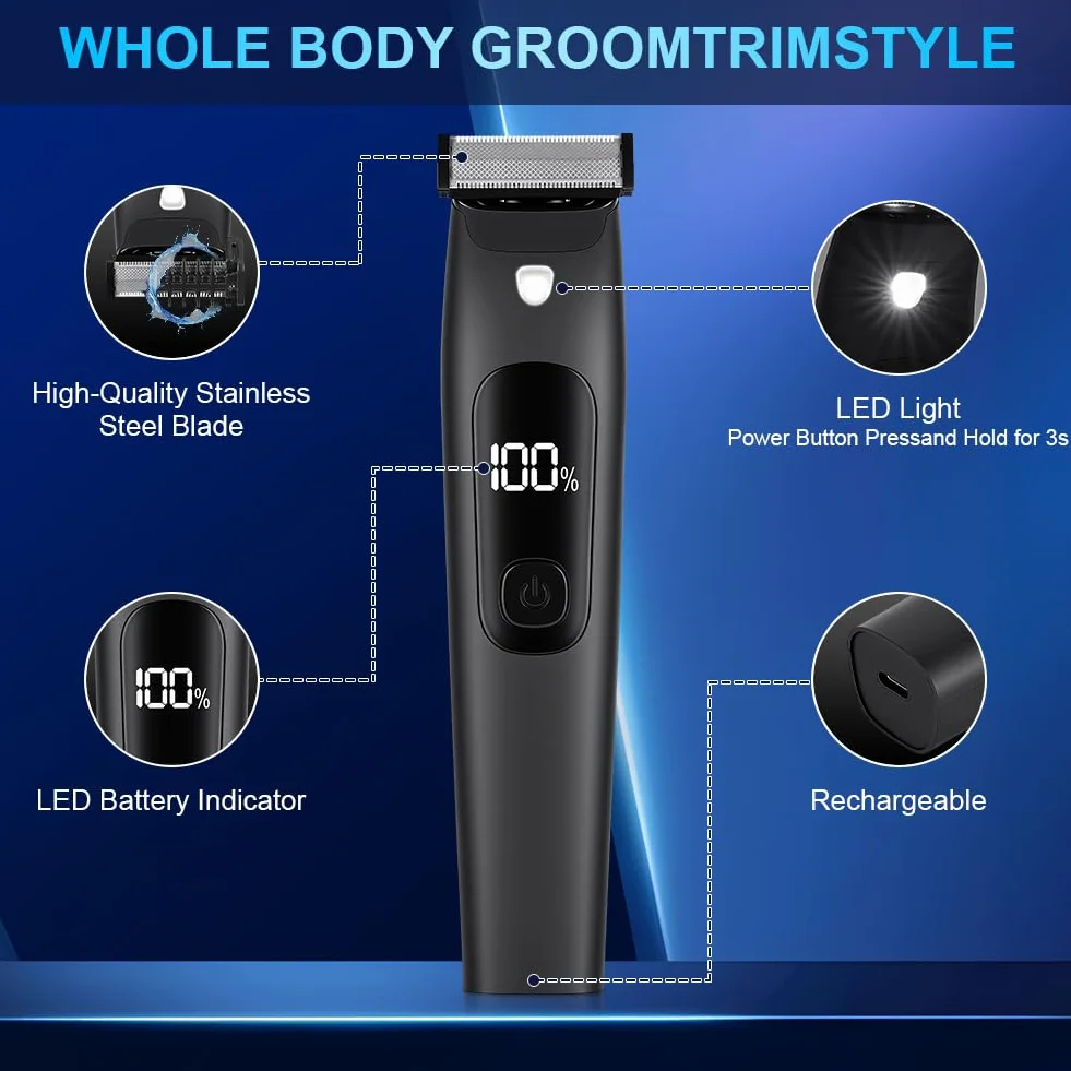 Rasoio Elettrico Uomo USB-C Depilatore Intimo Ricaricabile con LED IPX7