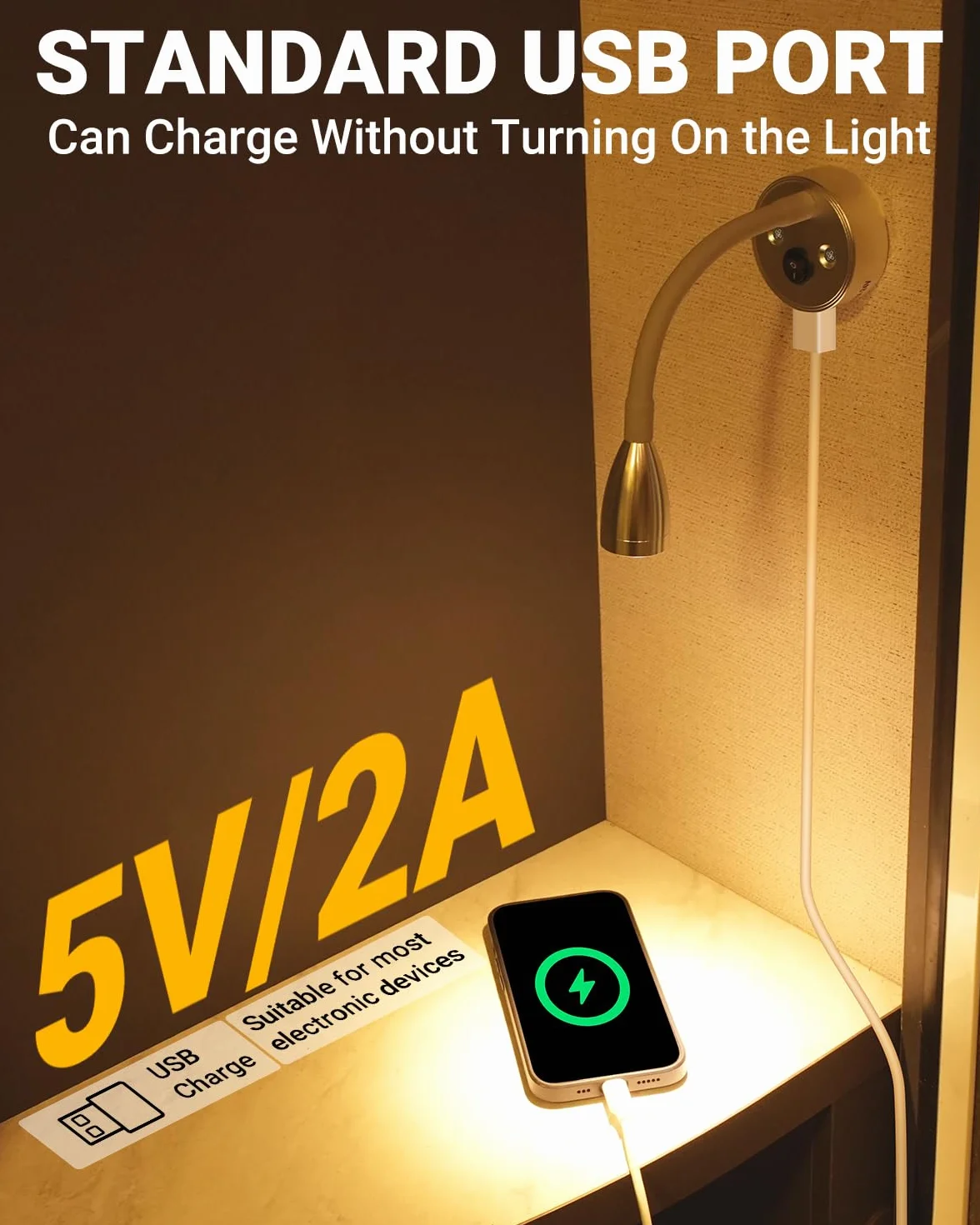 SUPAREE Luce da lettura a LED 12 V 3000 K con porta USB e collo d'oca flessibile 2 pezzi