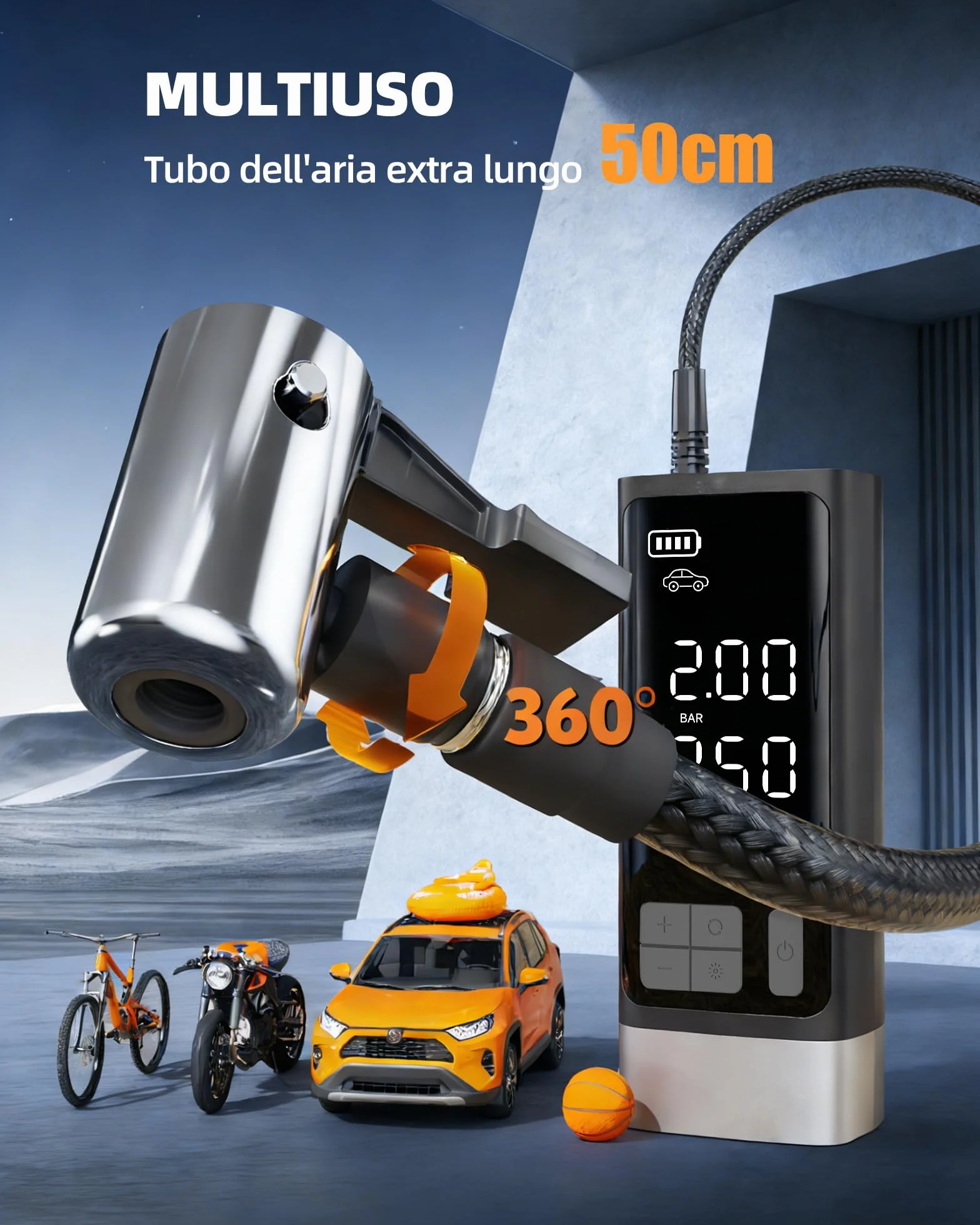 Compressore Aria Portatile Auto, Compressore 10,3Bar, Pompa D'aria Multifunzione a Motore Bicilindrico Con 2500 mAh, Kit Di Emergenza per Veicoli Grandi, Pick-up, Motori. Con Illuminazione Led