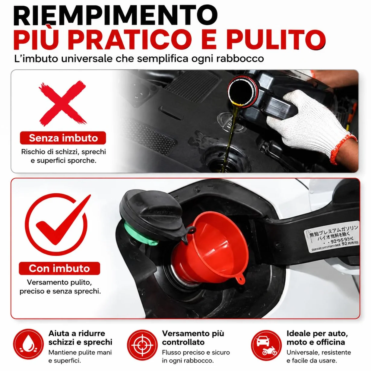 Imbuto Universale Auto con Beccuccio Lungo Flessibile Ø8 cm – per Olio, Benzina, Acqua, Antigelo, AdBlue
