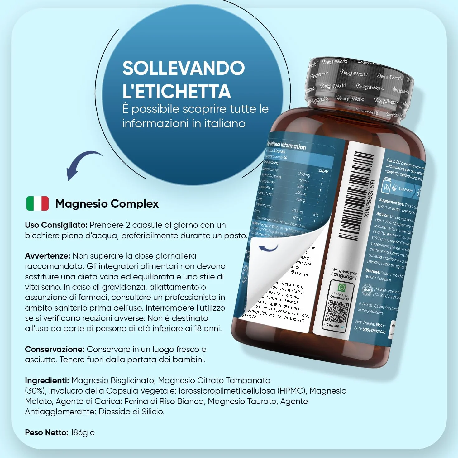 Magnesio Completo Vegano 490mg 180 Capsule, Magnesium Complex 4 in 1 con Bisglicinato e Citrato