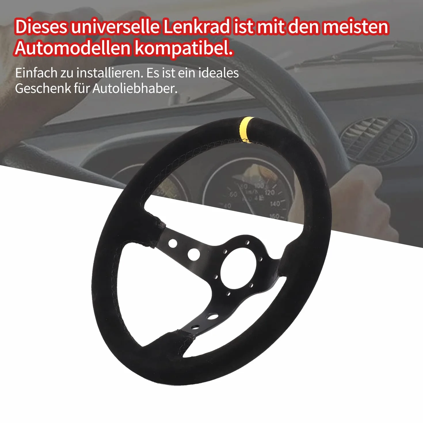 aleawol Volante sportivo universale per auto, 14 pollici, 350 mm, per motociclisti, in pelle scamosciata, da corsa, per la codifica automatica, imitazione di volanti da corsa (nero + giallo a righe)