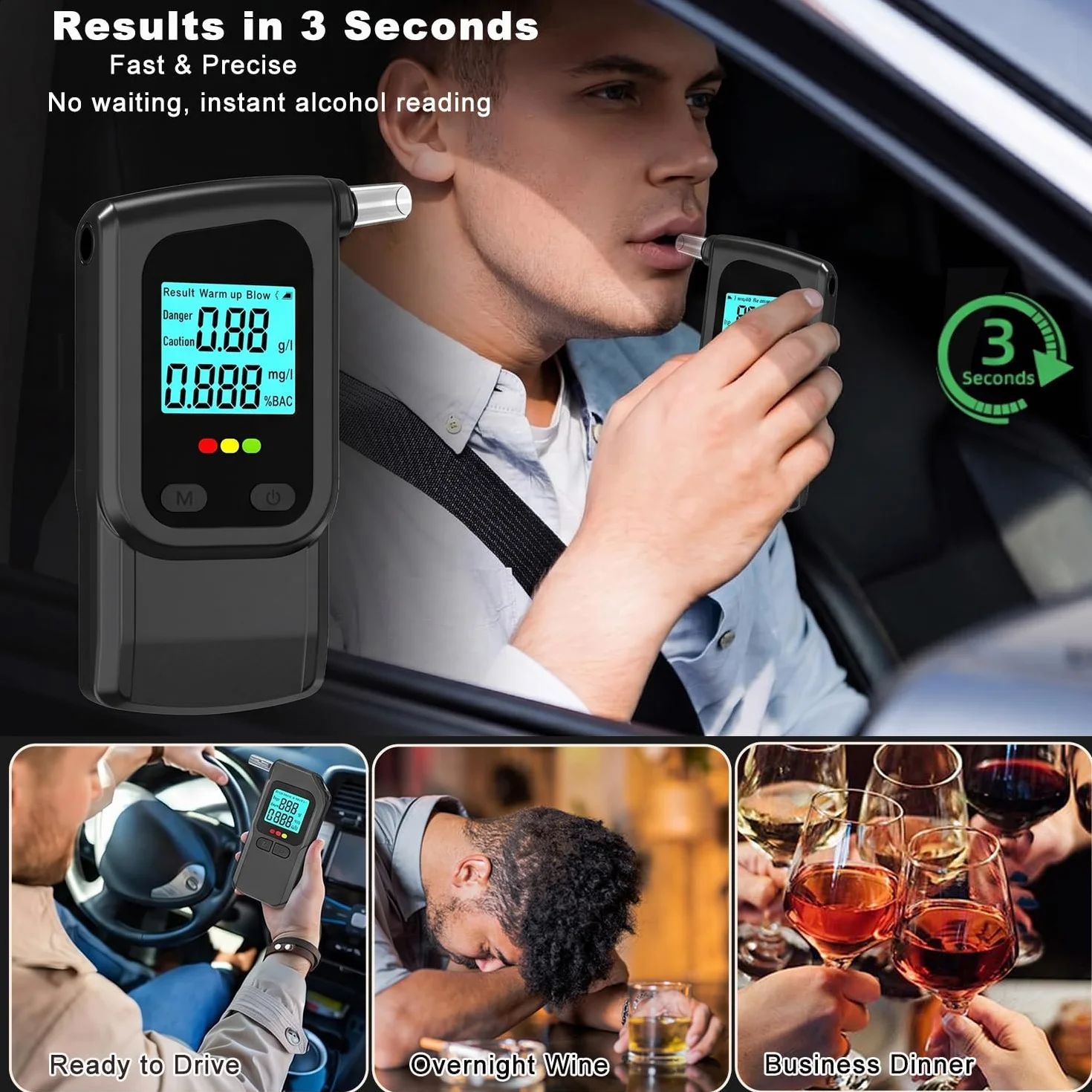Etilometro Portatile Certificato GemCoo 3 Secondi Schermo LED Doppia Modalità Test Rapido Precisione 10 Bocchini
