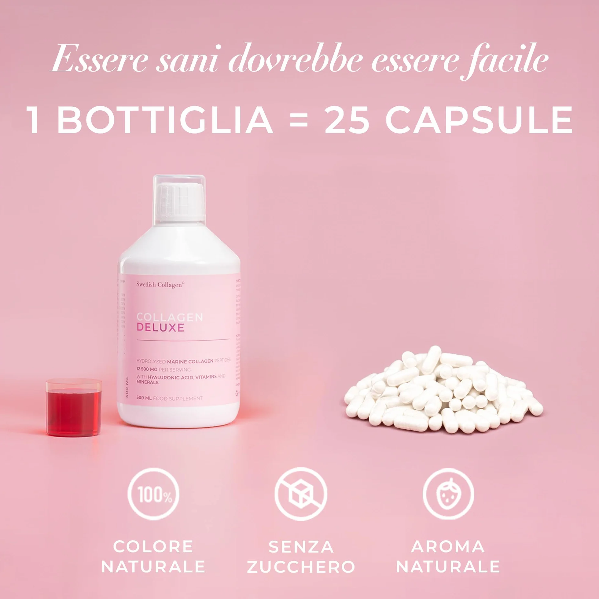 Swedish Nutra Integratore liquido collagene marino 12.500 mg 500 ml 20 giorni Peptidi vitamine capelli pelle unghie articolazioni Senza zucchero Clinicamente testato