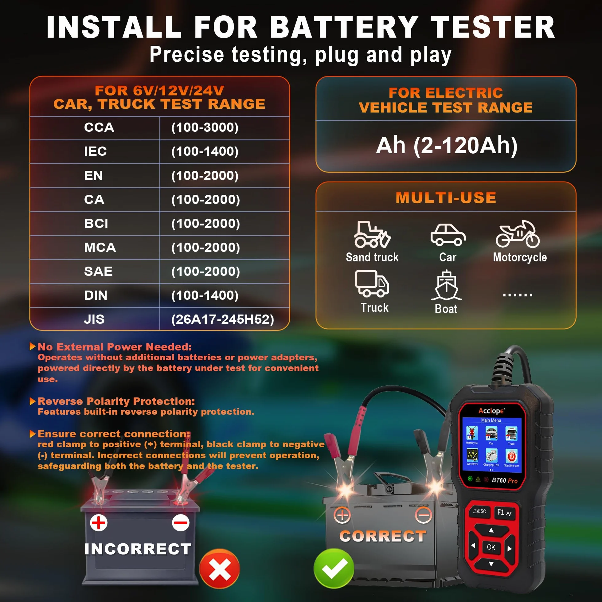 BT60 Pro Tester Digitale per Batterie Auto, CCA 100-3000, Analizzatore 6V 12V 24V, Sistema di Diagnostica Alternatore per Auto, Moto, Camion, Compatibile con AGM, Litio, Gel