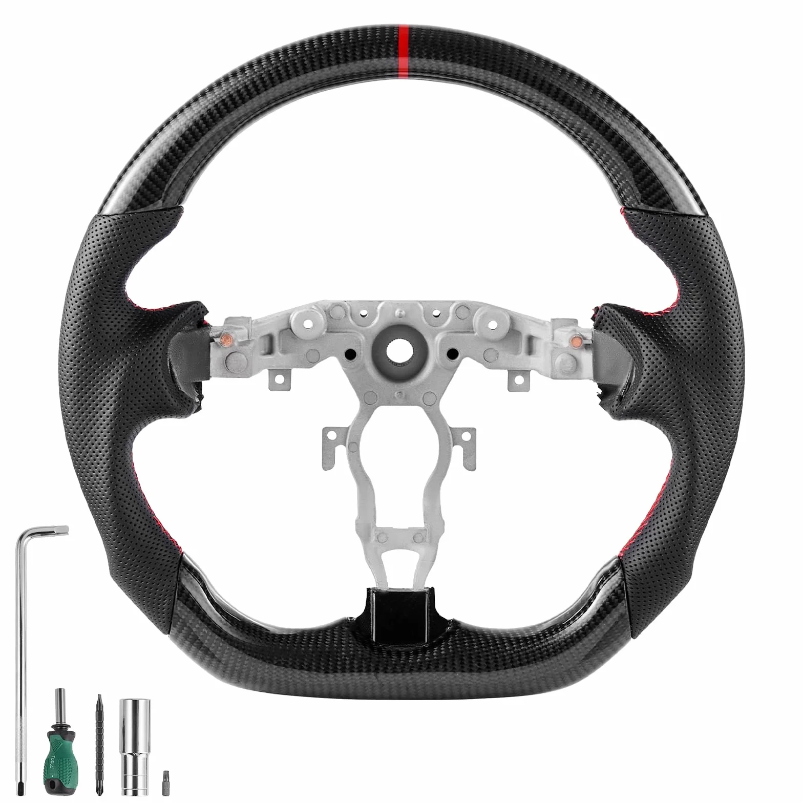 VEVOR Volante per Nissan 370Z 2008-2020, Volante in Fibra di Carbonio a Forma di D con Fondo Piatto, Impugnatura in Pelle con Trama Antiscivolo e Cuciture Precise, Accessori di Ricambio