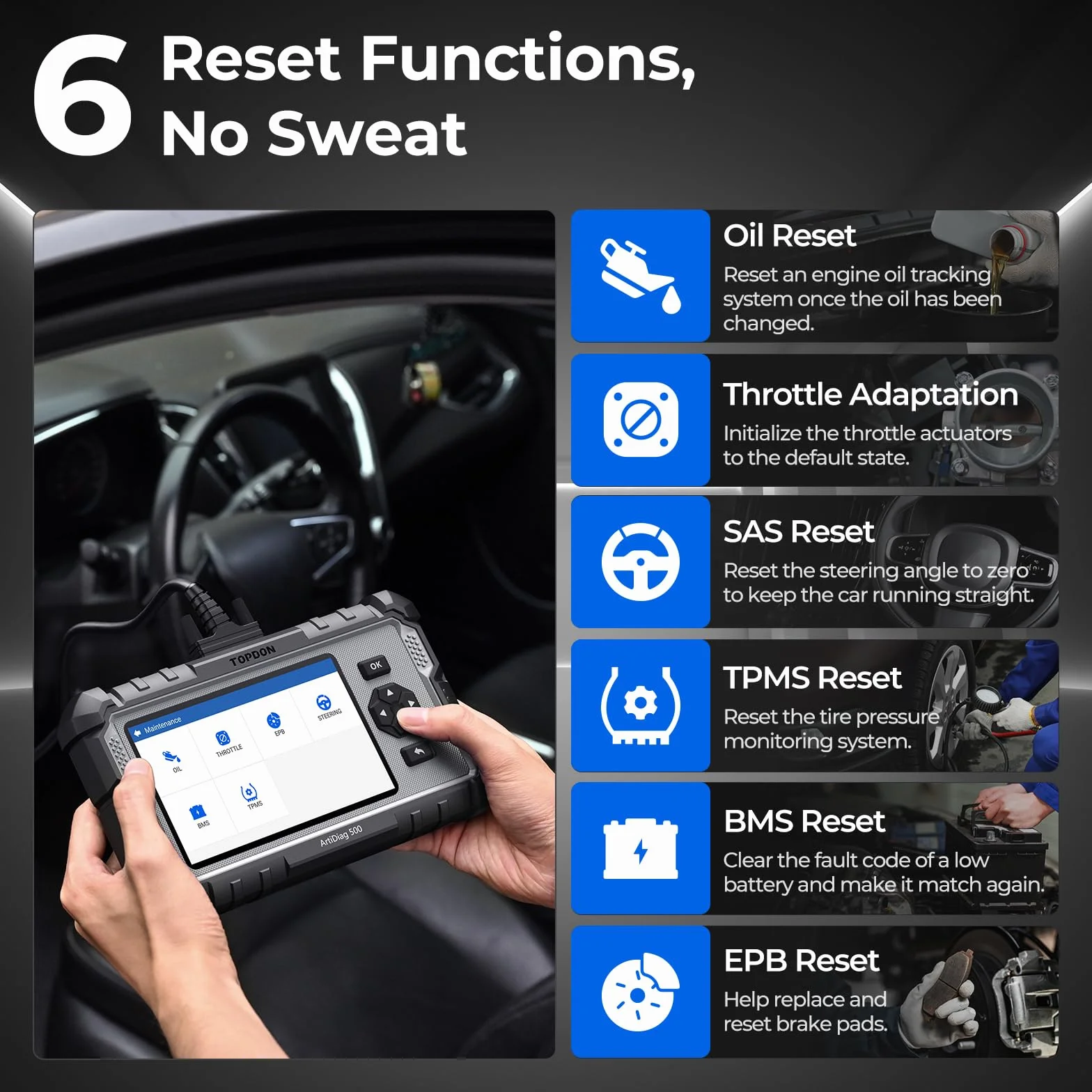 TOPDON AD500 Strumento di diagnostica auto OBD2 6 servizi reset olio SAS TPMS ETS BMS freno