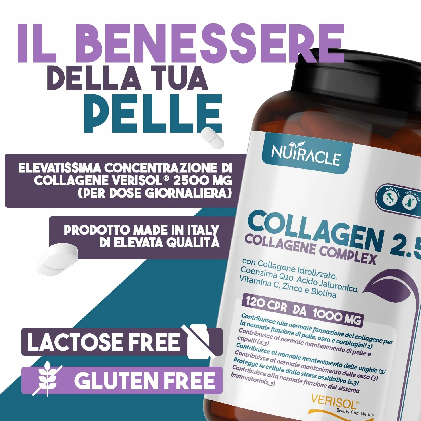 Collagene Idrolizzato Verisol® 2500 mg + Acido Ialuronico + Coenzima Q10 Integratore Pelle Capelli Ossa 120 compresse
