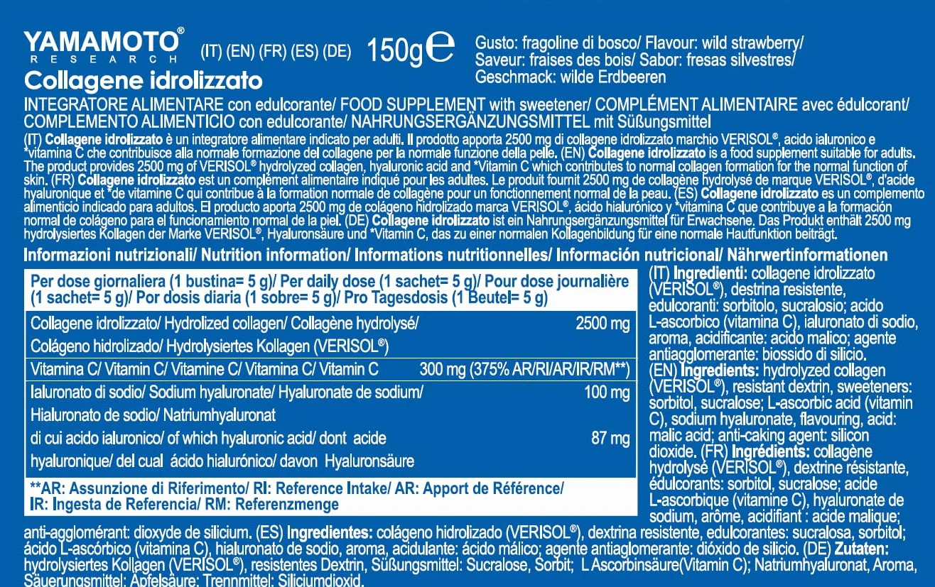 YAMAMOTO RESEARCH Collagene Idrolizzato Verisol 30 Bustine 5 gr Integratore Pelle Acido Ialuronico Vitamina C