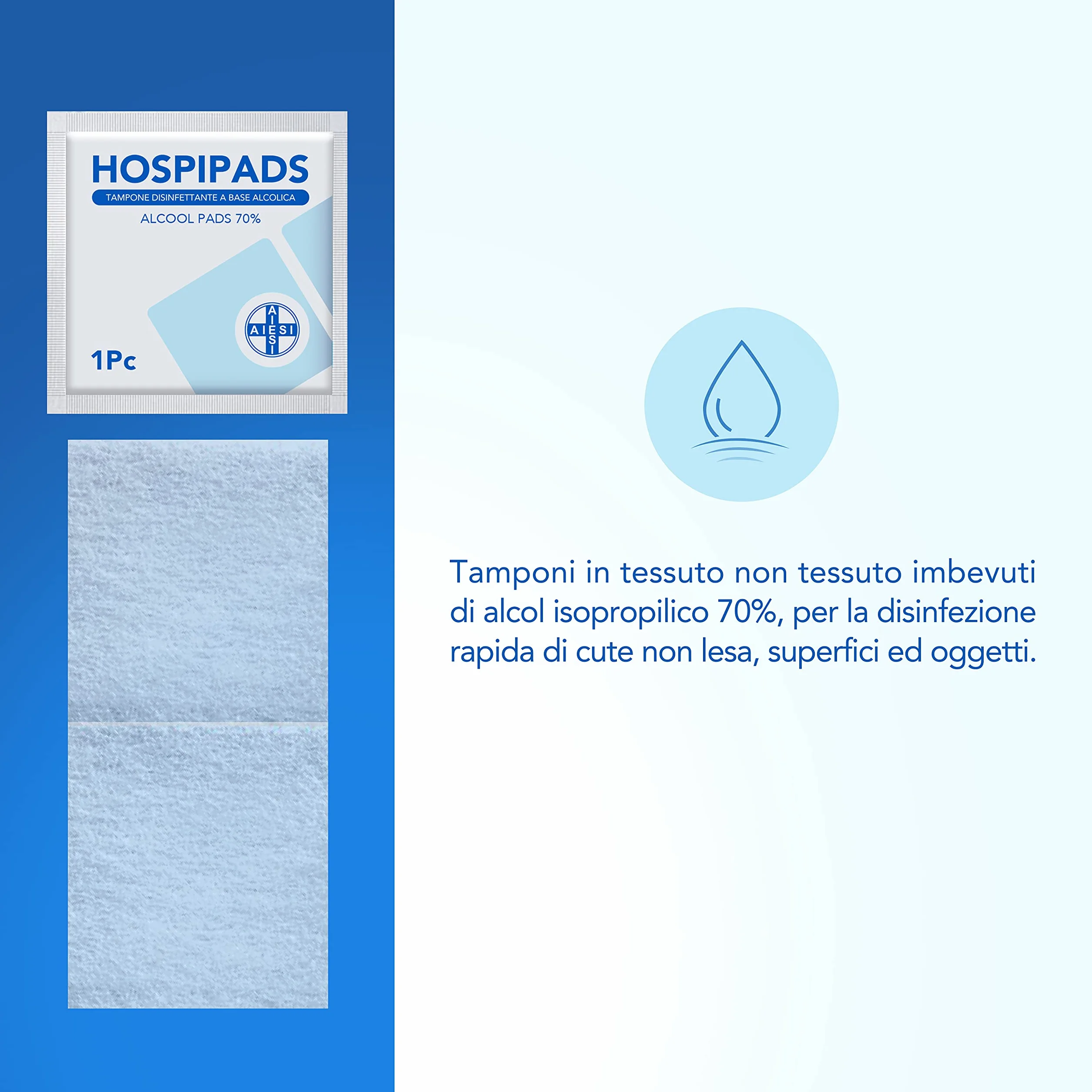 AIESI Tamponi salviette disinfettanti 70% alcool isopropilico 65x30 mm 2x100 pezzi HOSPIPADS