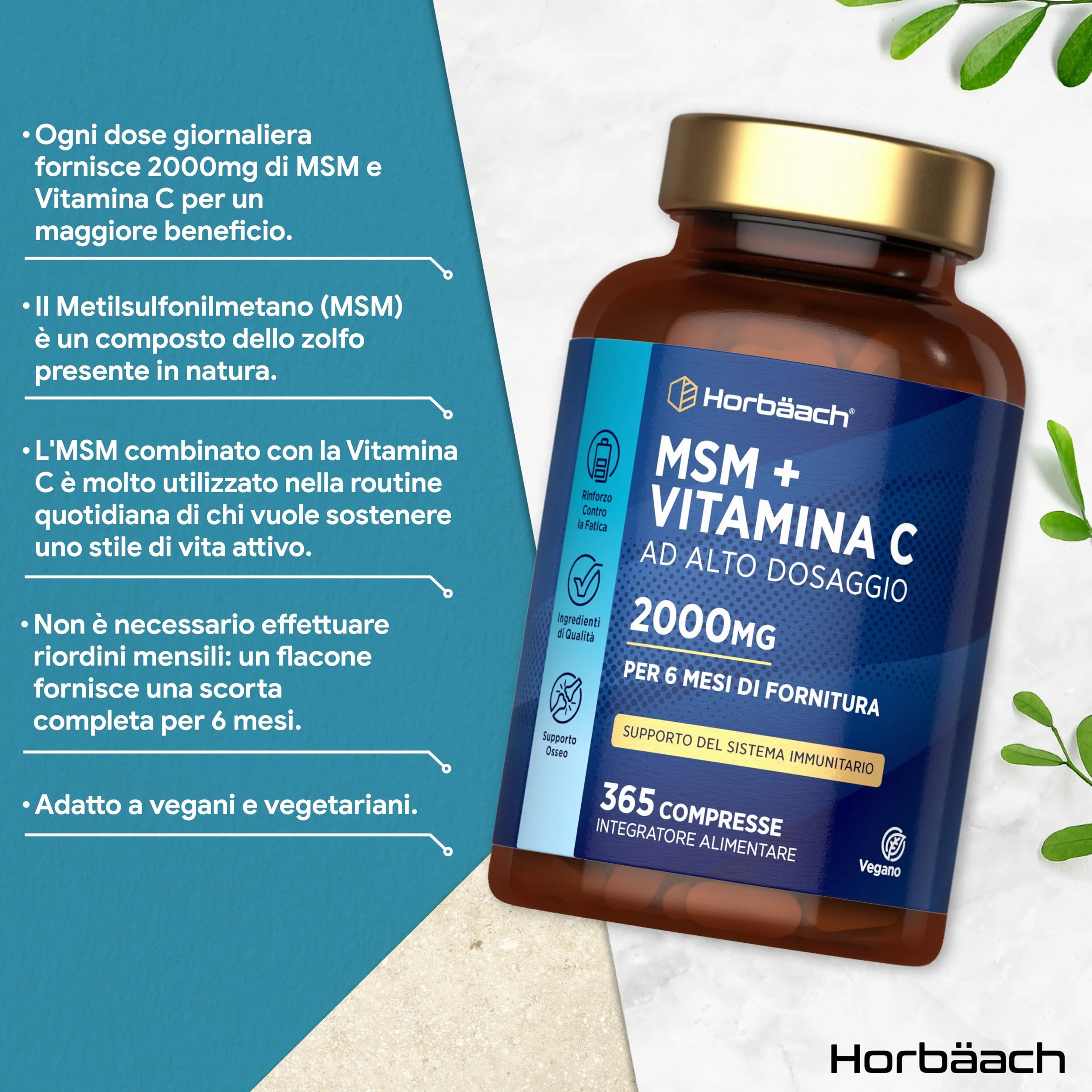 Horbaach MSM 2000mg con Vitamina C 365 Compresse Vegane Metilsulfonilmetano Acido Ascorbico Alto Dosaggio