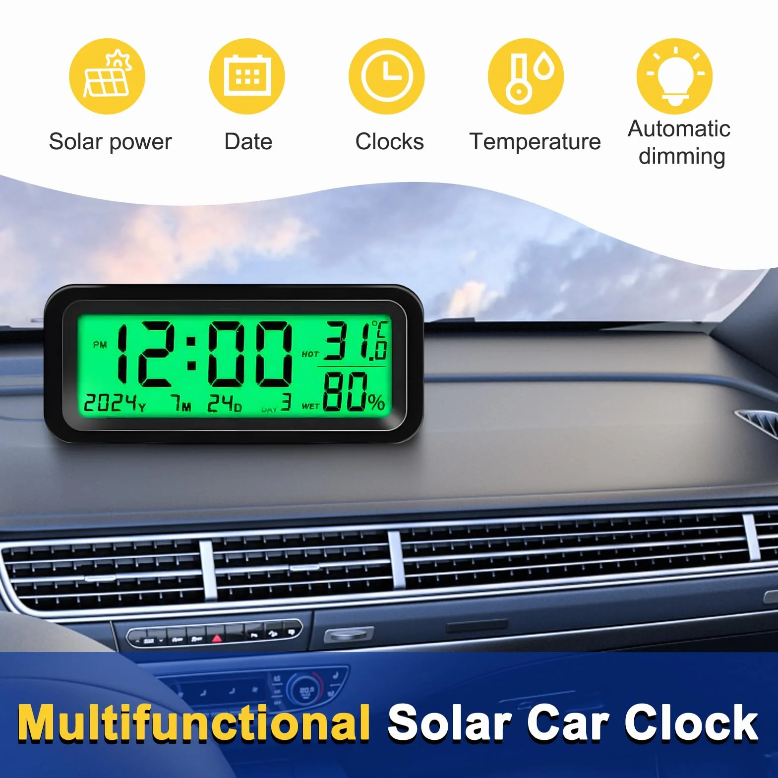 Mini orologio digitale per auto solare 8x3x3,5 cm data temperatura cruscotto blu verde