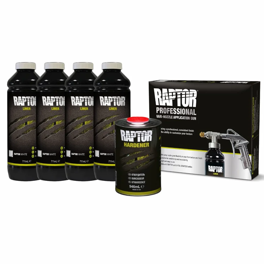 U-POL Raptor Rivestimento Protettivo Kit, 4 Bottiglie 3,79 Litri (Incluso indurente), Bianco con Pistola Raptor Professional Vari Nozzle