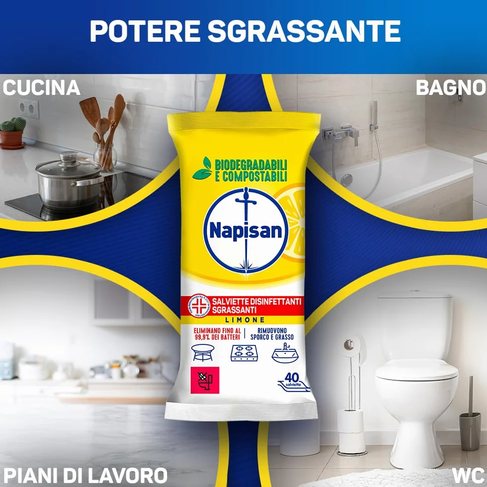 Napisan Salviette Disinfettanti al Limone Confezione 8 Pacchi x 40 Salviette Multisuperfici Biodegradabili