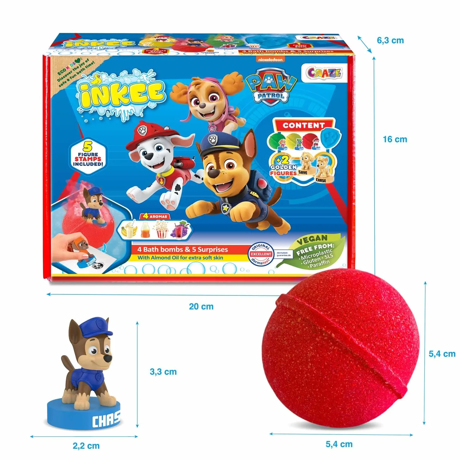 Confezione regalo INKEE PAW PATROL - 4 bombe da bagno per bambini con olio di mandorle e 5 figure da collezionare