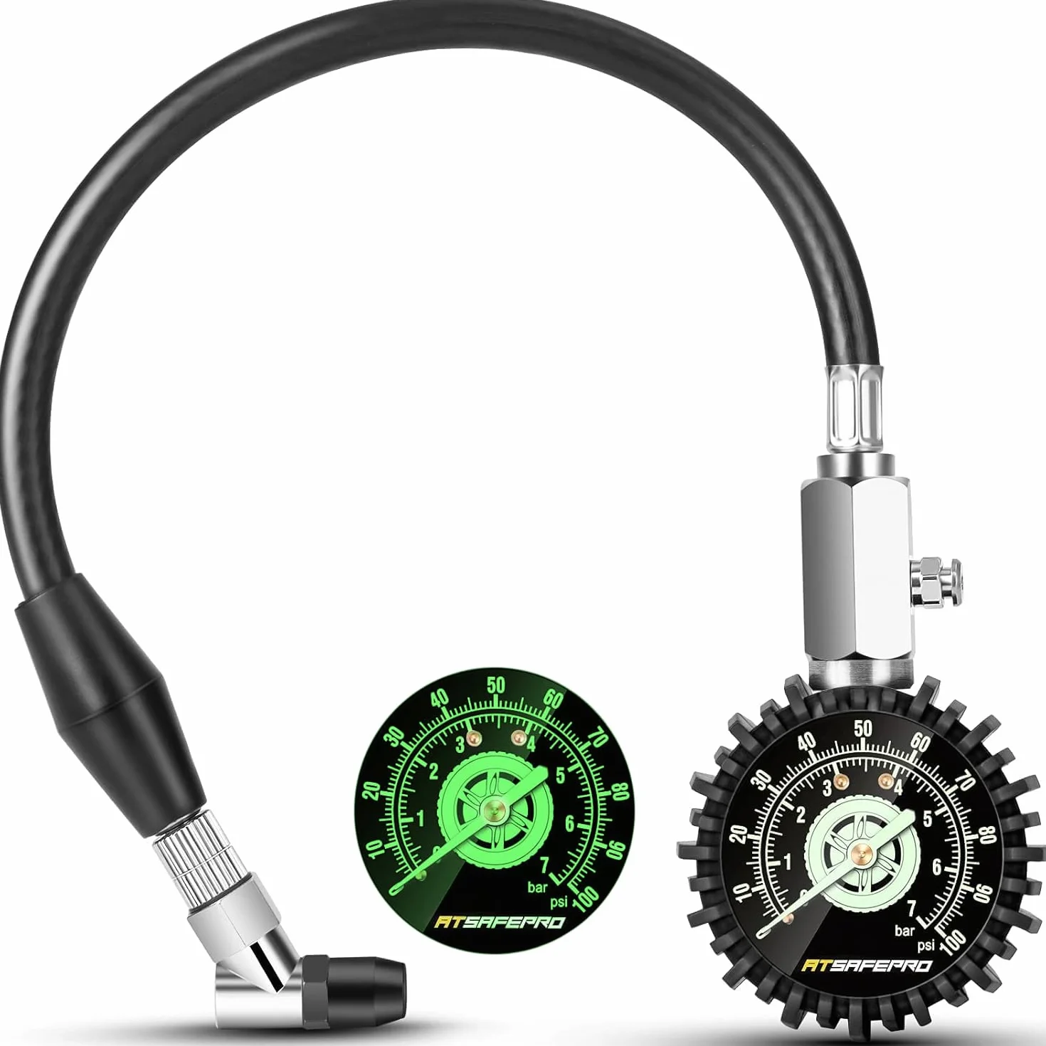 ATsafepro Manometro per Pneumatici 7 bar/100 psi Glow in The Dark Quadrante 2,5" Tubo Flessibile Analogico