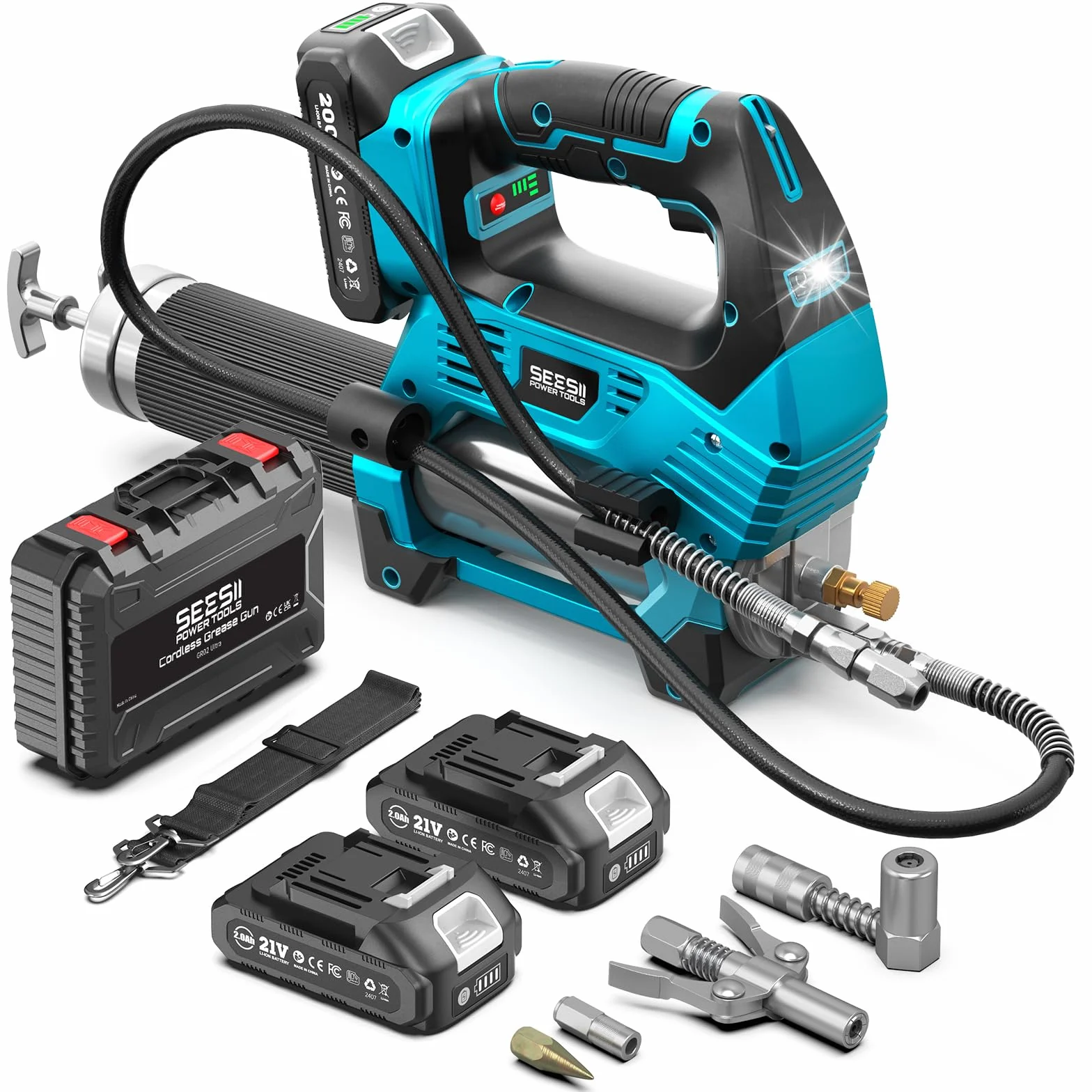 Seesii 12.000PSI Ingrassatore a Batteria con 2 Batterie (compatibili Anche con batterie Makita da 18 V), 3 velocità, Motore Brushless, 3 Testina Ingrassatore, Tubo da 1m, per Attrezzature Pesanti
