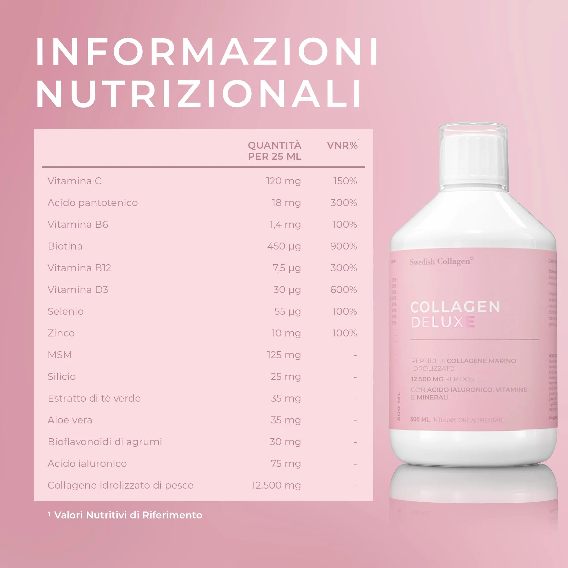 Swedish Nutra Integratore liquido collagene marino 12.500 mg 500 ml 20 giorni Peptidi vitamine capelli pelle unghie articolazioni Senza zucchero Clinicamente testato