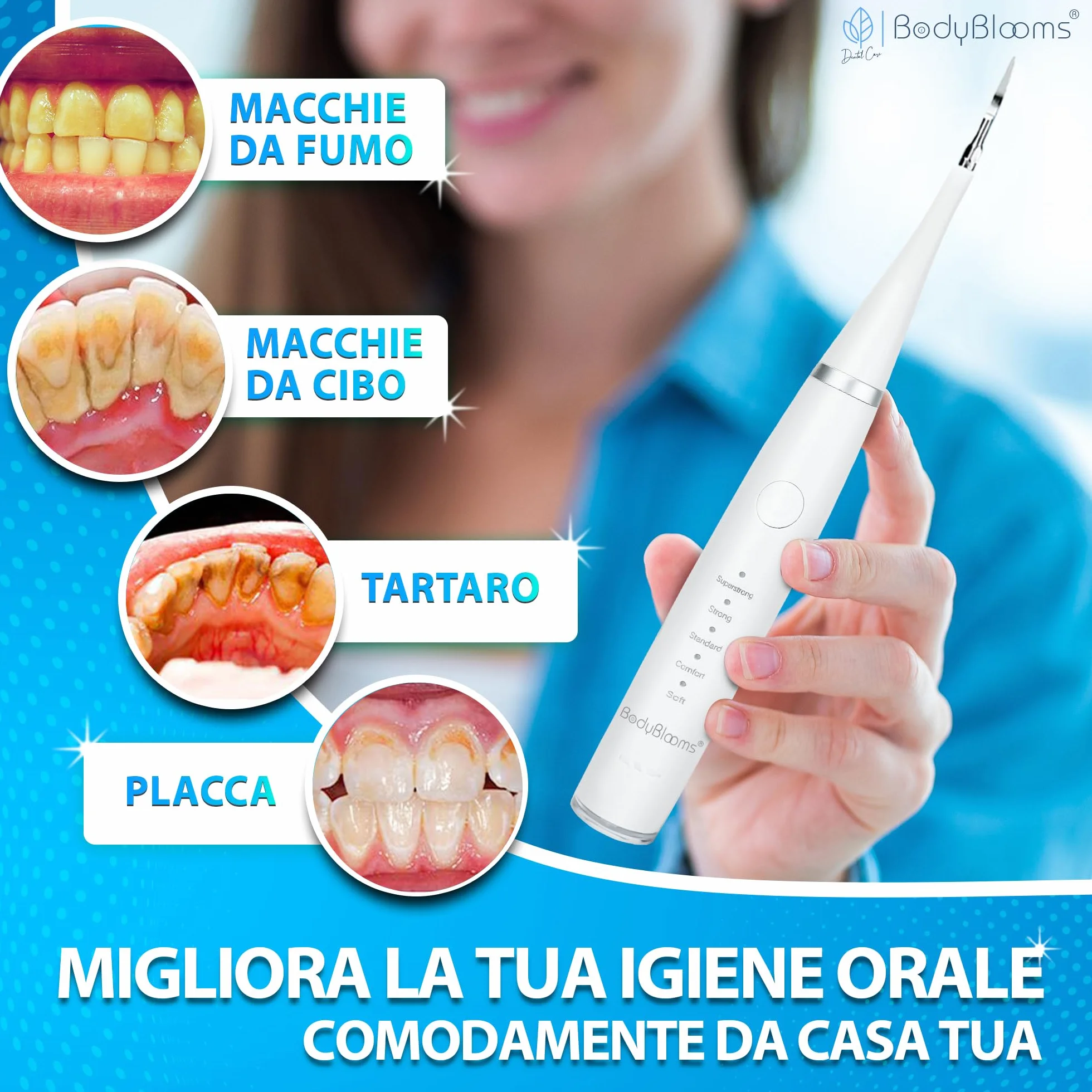 Bodyblooms® Kit Pulizia Denti Tartaro 5 Intensità Elettrico Igiene Dentale Con Accessori Set Rimozione Tartaro