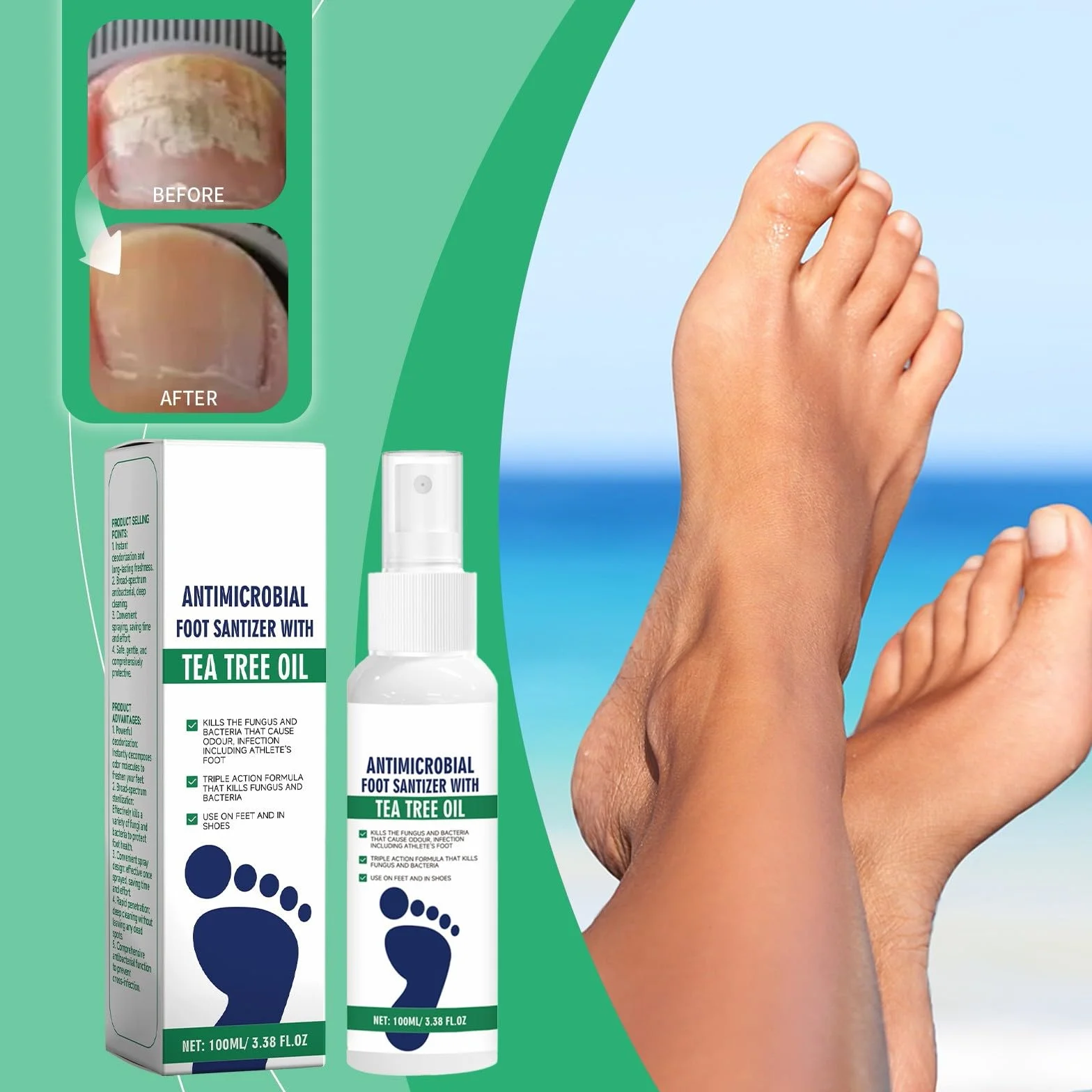 Olio dell'albero del tè spray antimicrobico per funghi del piede, talloni screpolati, 2 pezzi