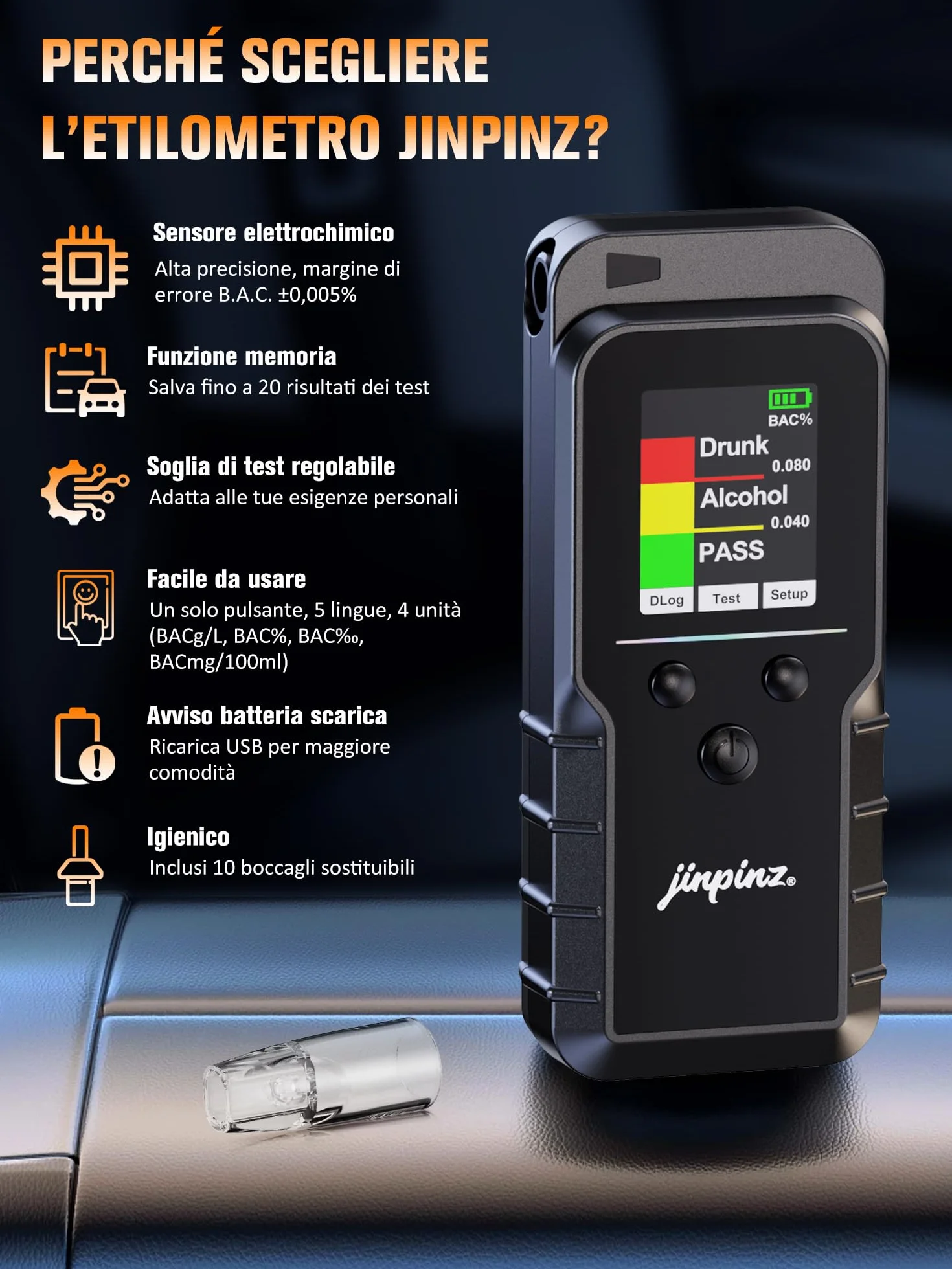 Etilometro Portatile Certificato con Sensore Elettrochimico Professionale Ricaricabile Alcol Test Digitale con Memoria Breathalyzer di Precisione Display LCD Blu