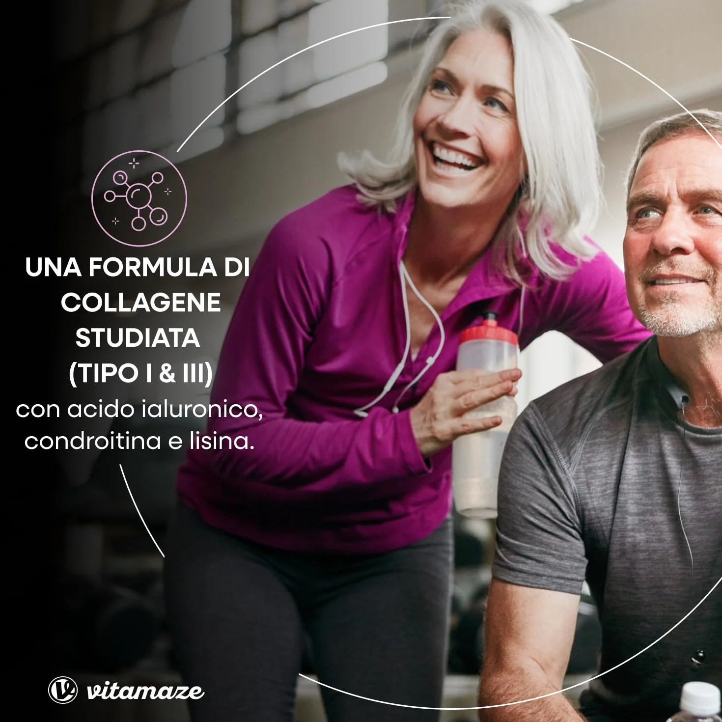 Vitamaze® Collagene con Acido Ialuronico + Condroitina + Lisina, 60 Capsule, Integratore per Pelle, Ossa e Articolazioni