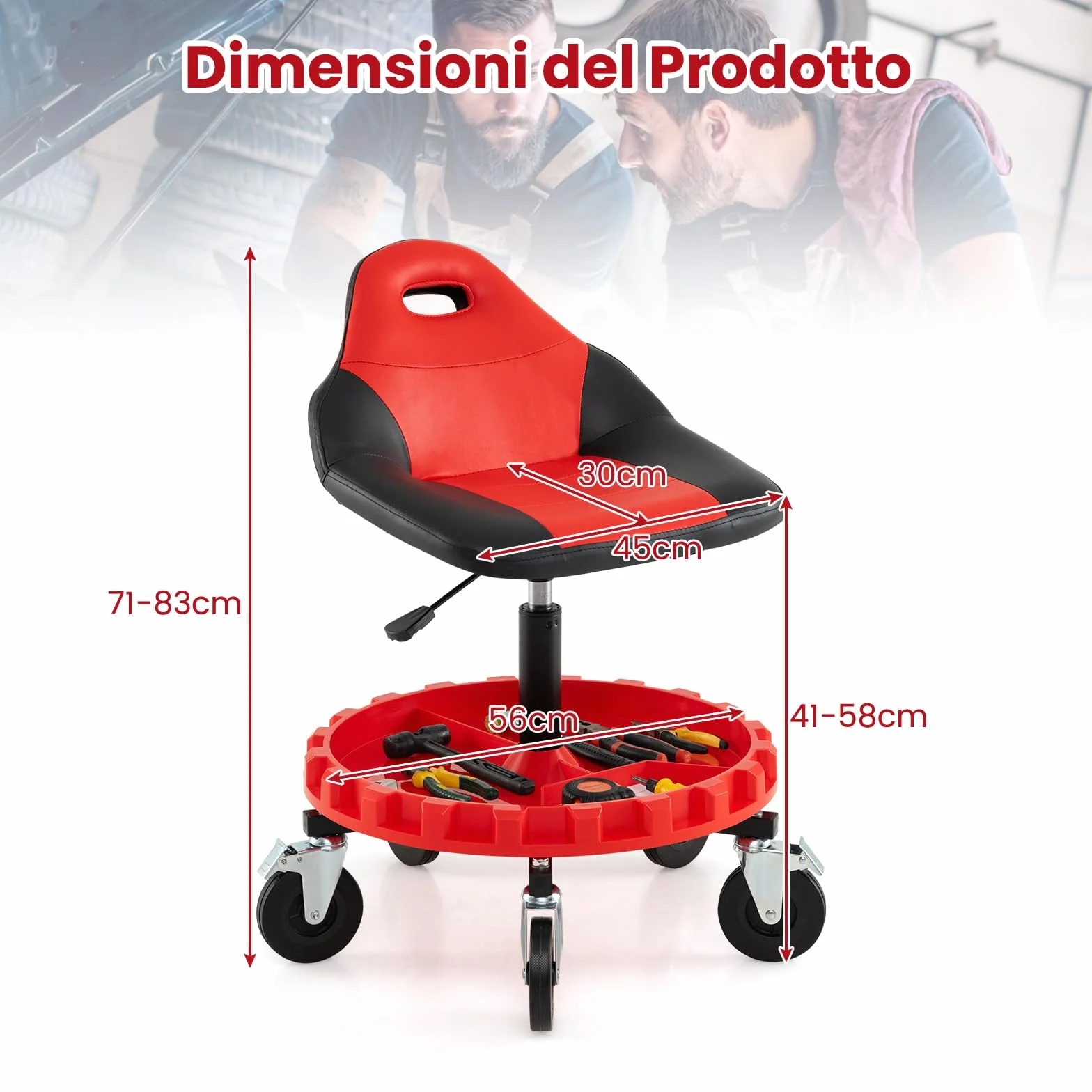 COSTWAY Sgabello da Officina con 5 Ruote, Sedia Meccanico Imbottita, Altezza Regolabile, Vassoio Porta Attrezzi, 185 kg