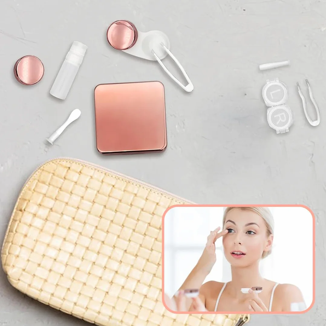 Mini Custodia per Lenti a Contatto da Viaggio con Specchio, Rosa e Argento
