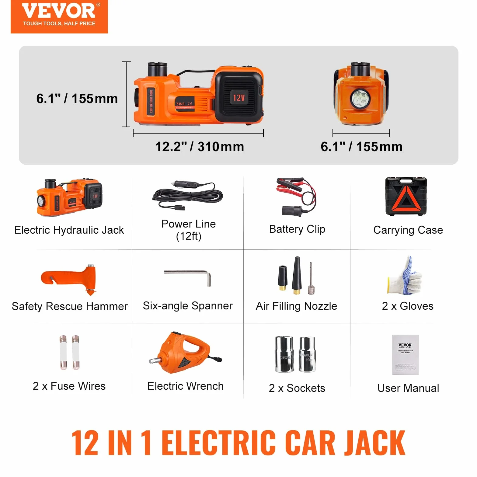 VEVOR Kit Martinetto Idraulico Sollevatore 5 Tonnellate 12V 180W 15A 10bar