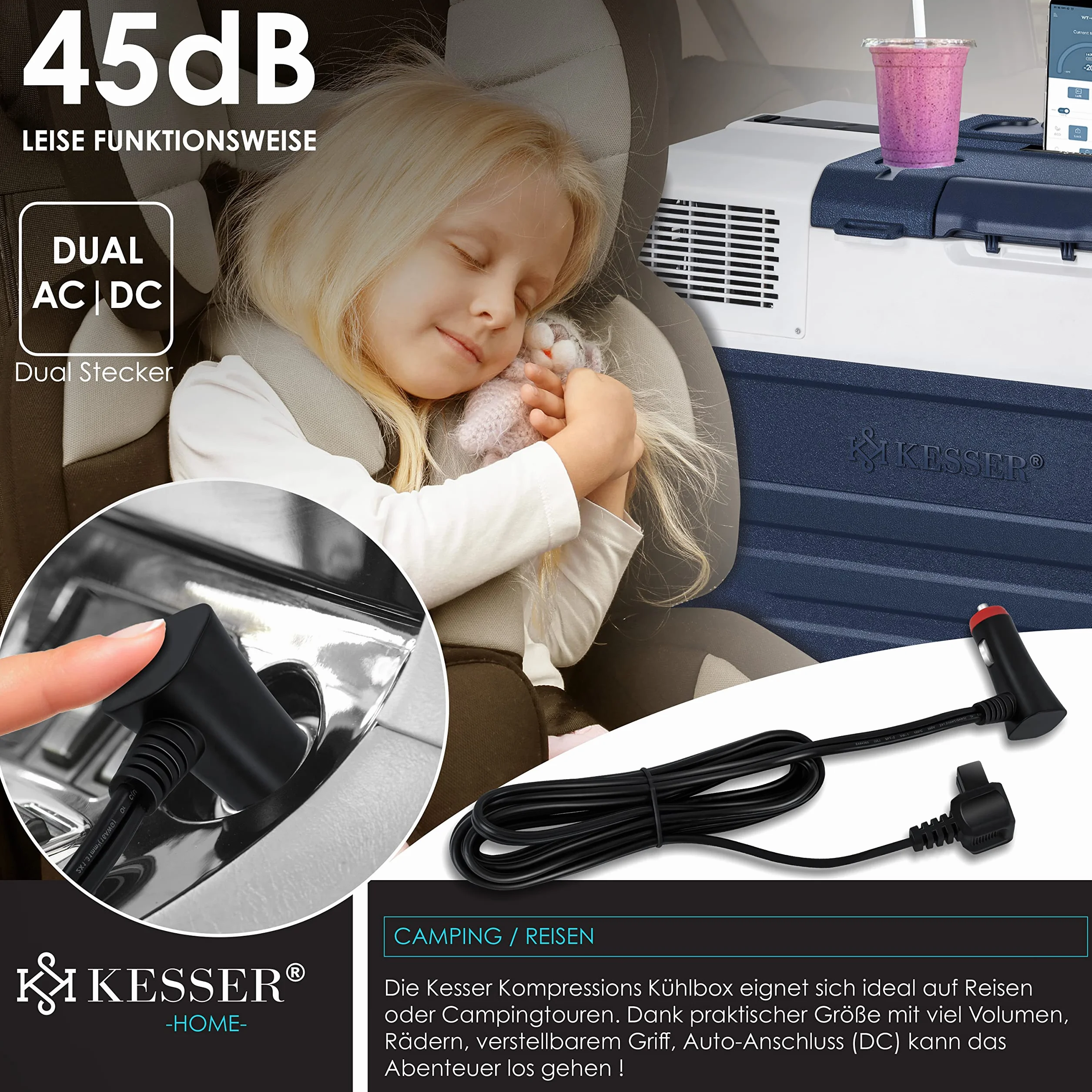KESSER® Compressore Box congelatore elettrico Congelatore 42 litri, con controllo APP connessione USB 12/24 V 230V, +Telescopico Ruote Frigorifero raffreddamento a -20 ° C per auto, camion, barca