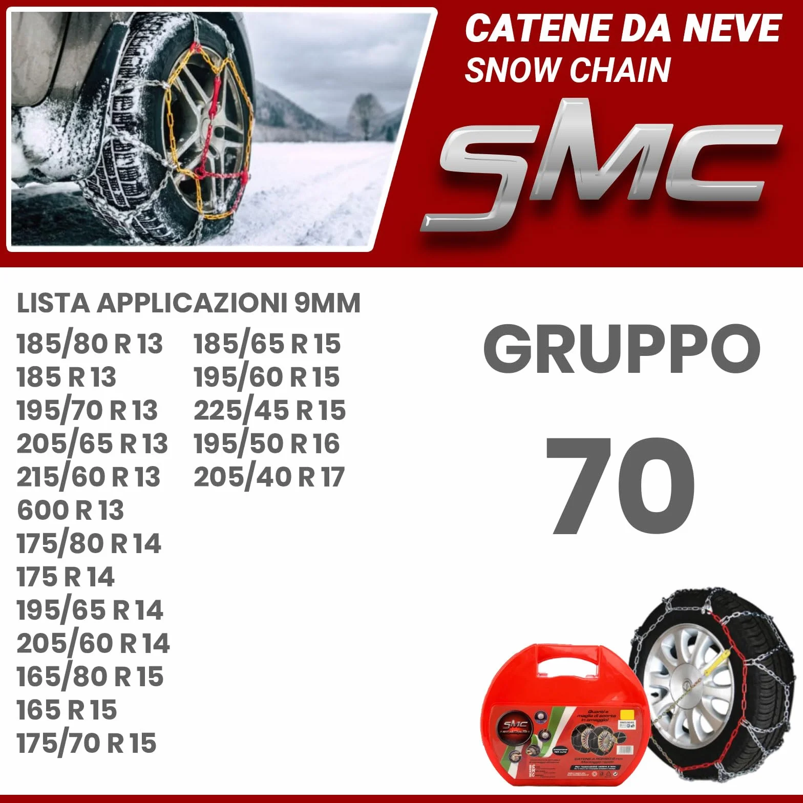 Catene da Neve OMOLOGATE O-Norm TUV SMC 9mm 185/65 R 15