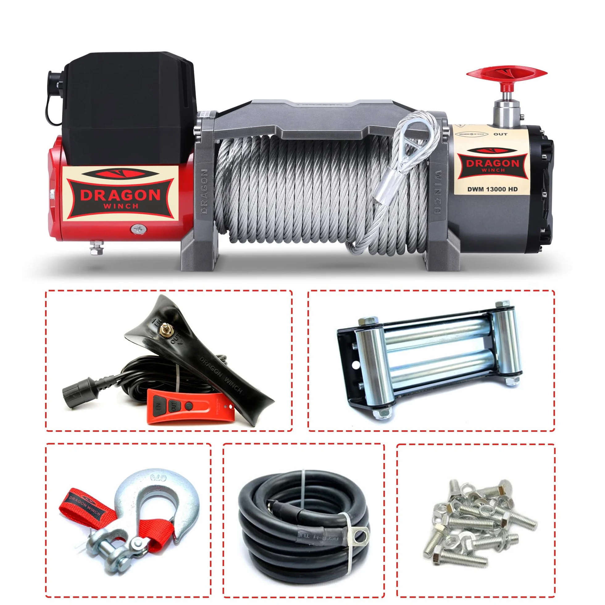 DRAGON WINCH Verricello Elettrico 12V 13000 lbs 5897 kg Cavo Acciaio 20m IP67 Impermeabile