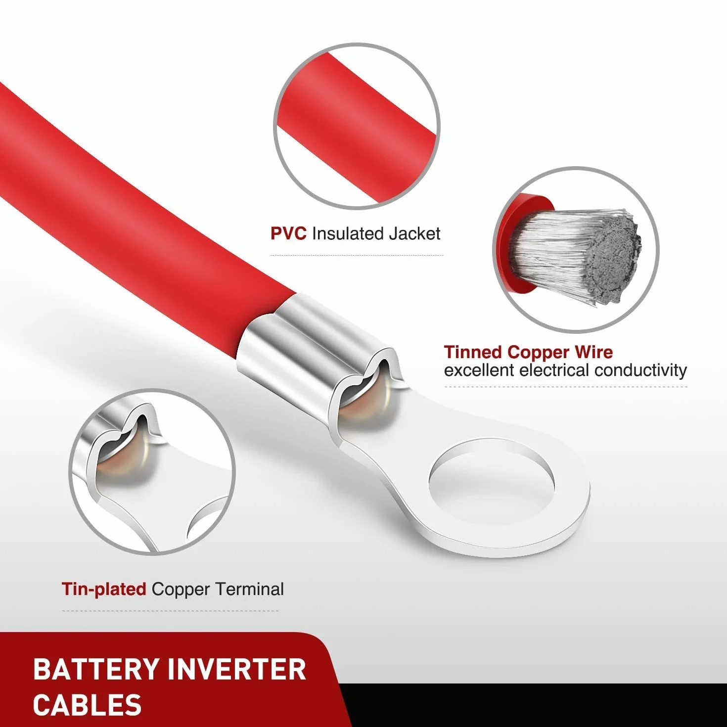 Gebildet 16mm² 50cm Cavi Inverter Batteria(Max 100A),Rosso e Nero Terminali ad Anello Rame Stagnato per Energia Solare,Auto,RV&Marine
