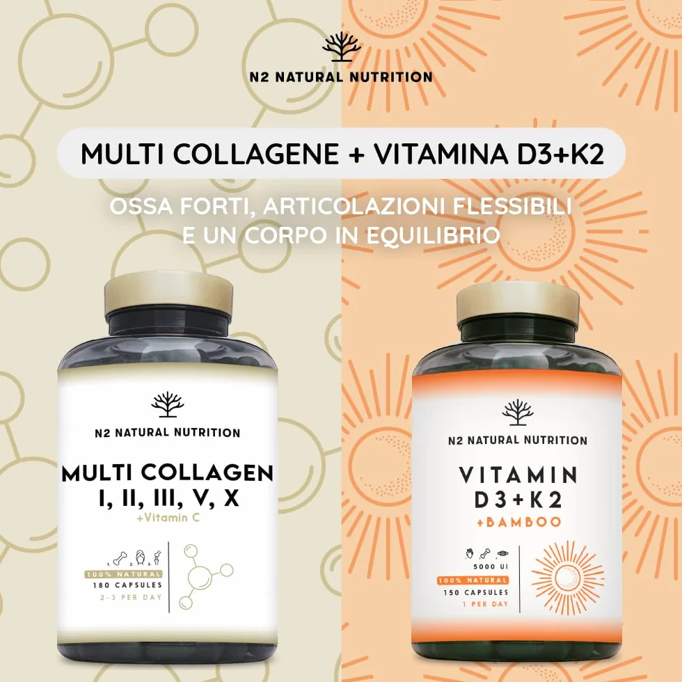 N2 Natural Nutrition Multi Collagene Idrolizzato 1650mg Peptidi di Collagene Marino e Bovino Tipo 1 2 3 5 10 Integratore Articolazioni Pelle Ossa Vitamina C 180 Capsule