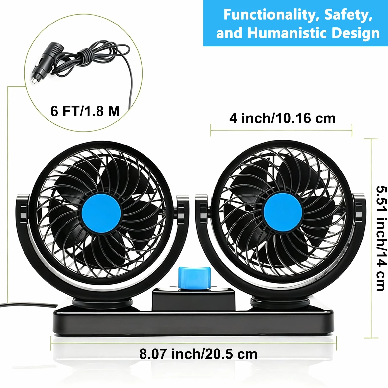 Ventilatore Auto 12V Doppia Testa 4" 2 Velocità Rotazione 360° Silenzioso per Camion SUV Camper Barche