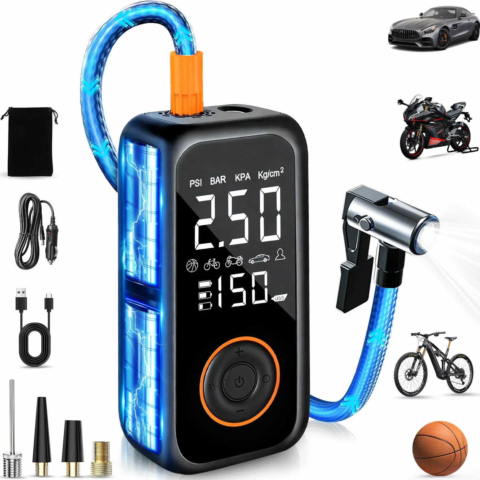 Compressore Aria Portatile Auto 8000mAh 150PSI Pompa Bici Elettrica con Schermo LCD e Torcia LED