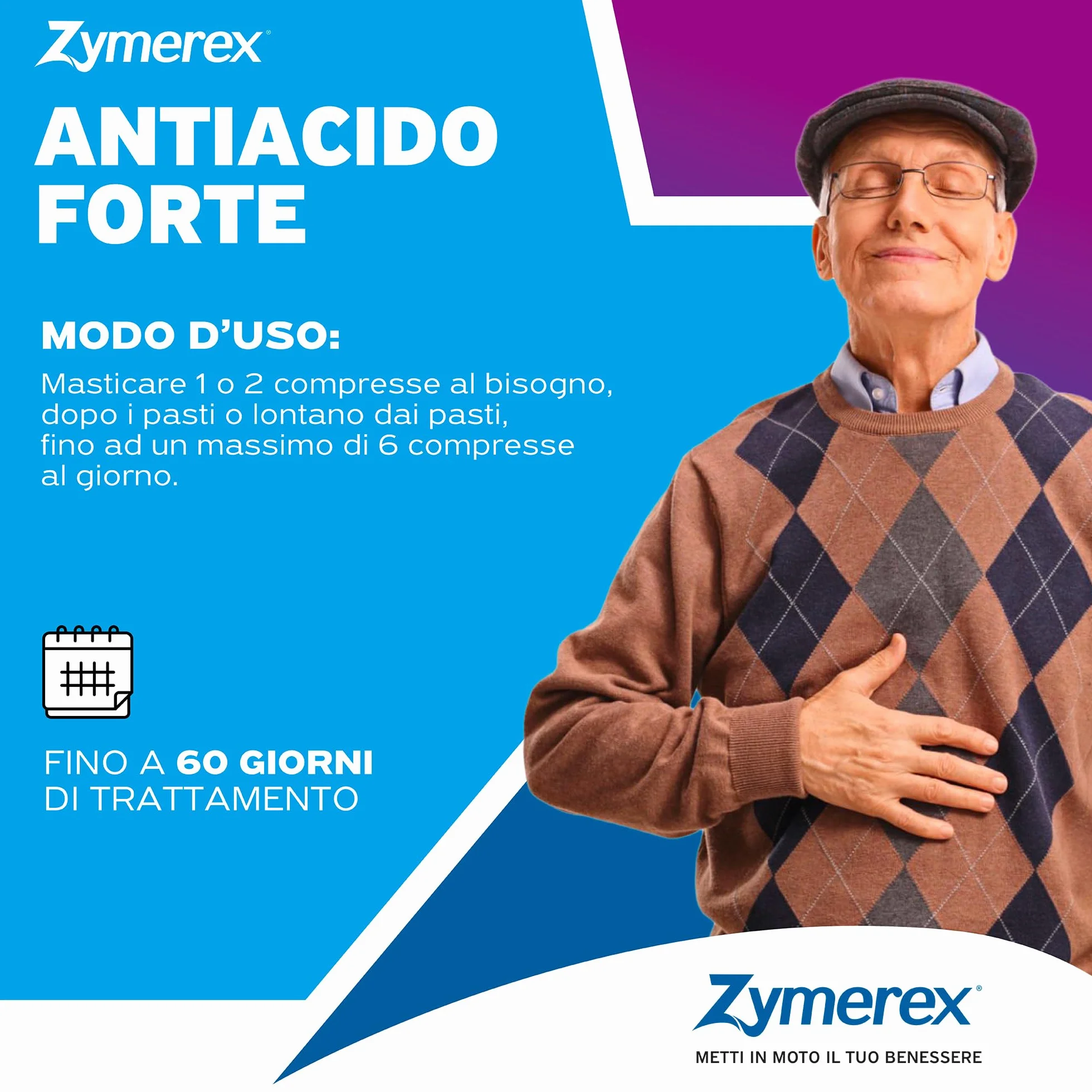 Zymerex ANTIACIDO FORTE 60 compresse masticabili | Contrasta acidità gastrica | Azione forte | Gusto fragola e banana | Senza glutine e lattosio | Adatto a vegani