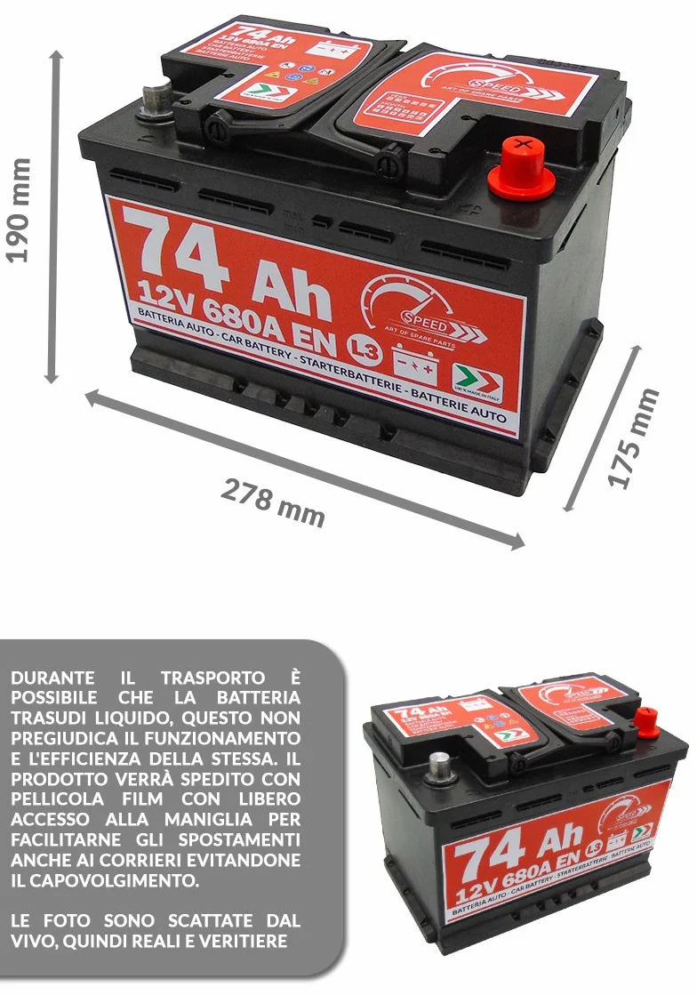 BATTERIA AUTO SPEED BY SMC 12V 74AH 680A CON POLO POSITIVO A DESTRA L374 CODICE