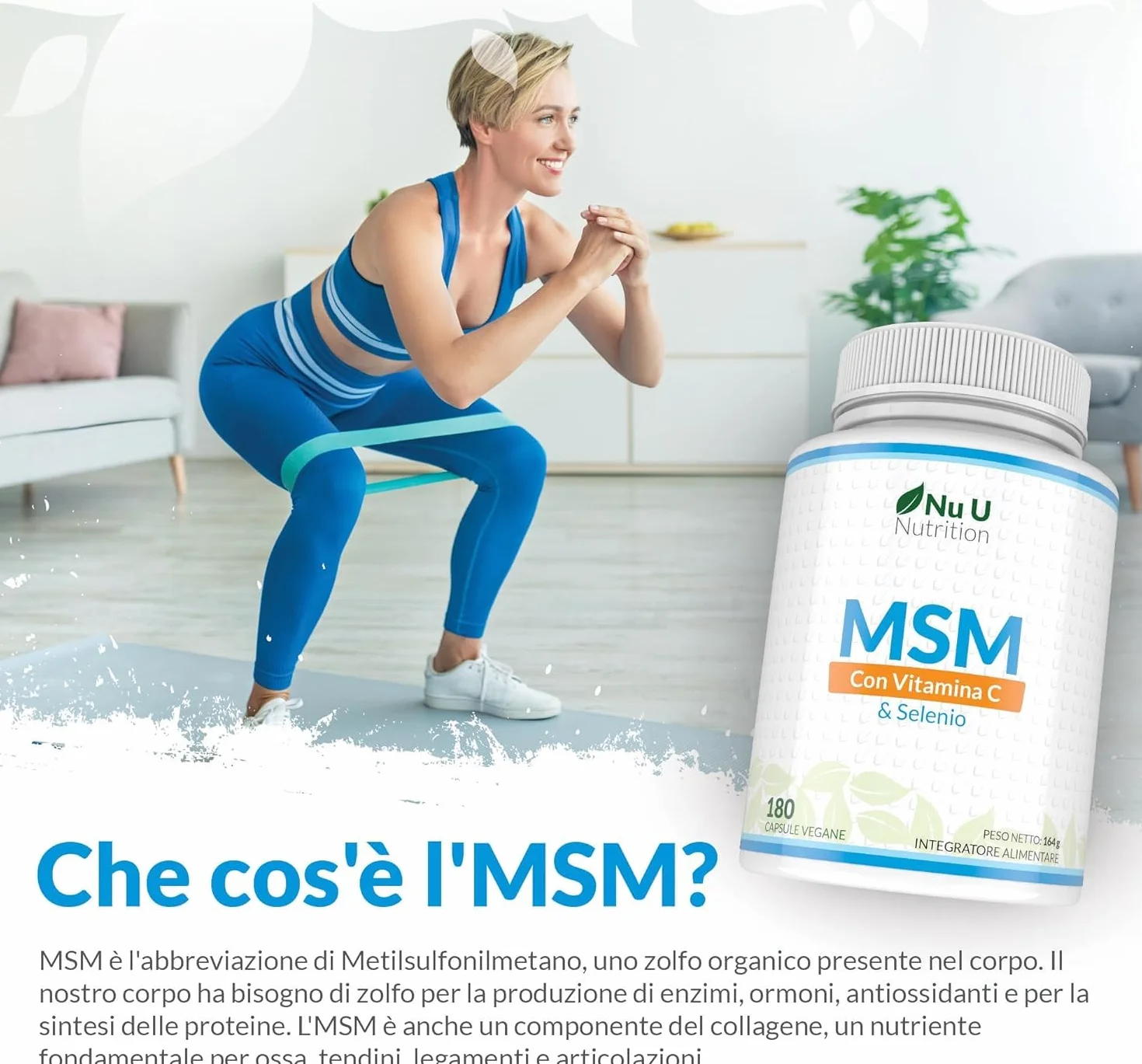 Nu U Nutrition MSM Puro Vitamina C & Selenio 180 Capsule Vegane 600mg Integratore Metilsulfonilmetano