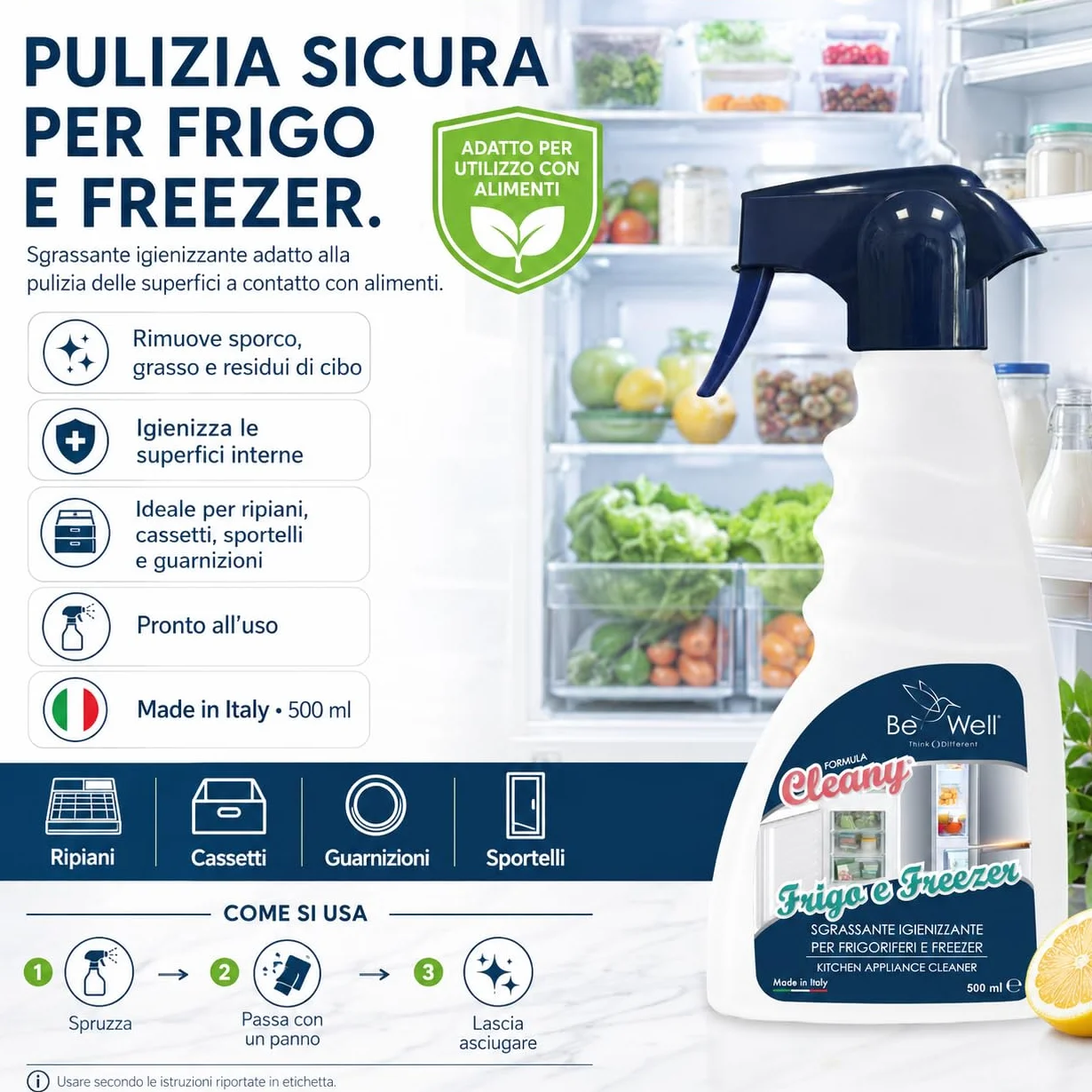 CLEANY Detergente Igienizzante Frigorifero Freezer Spray 500 ml Made in Italy