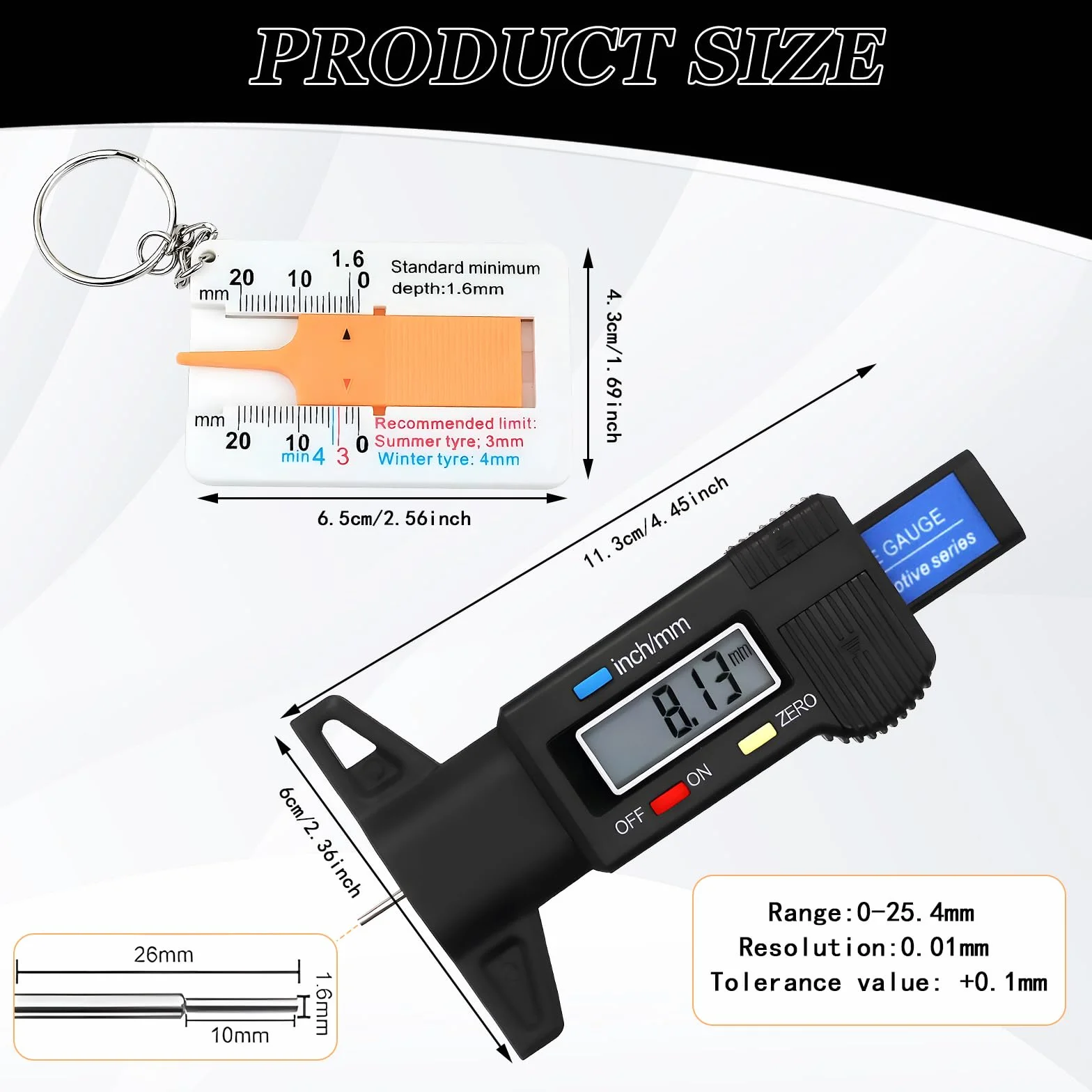 Digitale Misuratore Profondità Battistrada 0-25.4mm LCD Display Moto Auto Camion