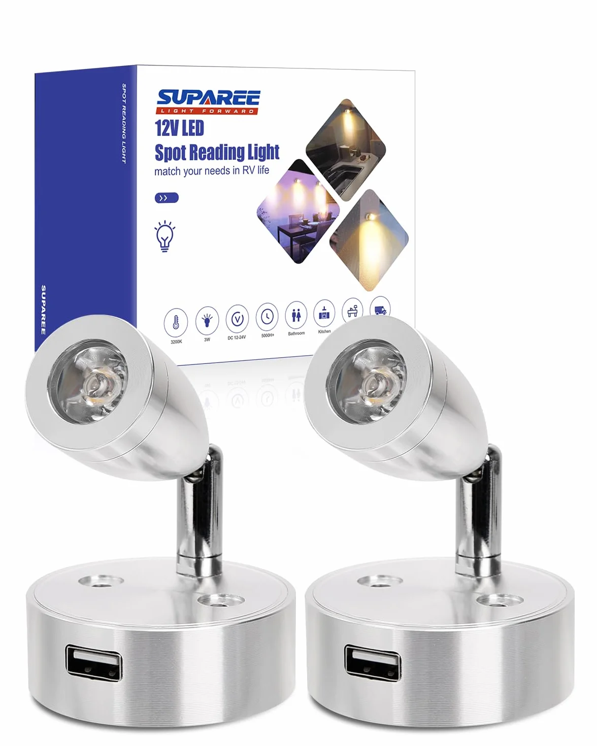 SUPAREE Luce LED Camper 12V Dimmerabile 3200K con Interruttore Touch e Presa USB 2 Pezzi