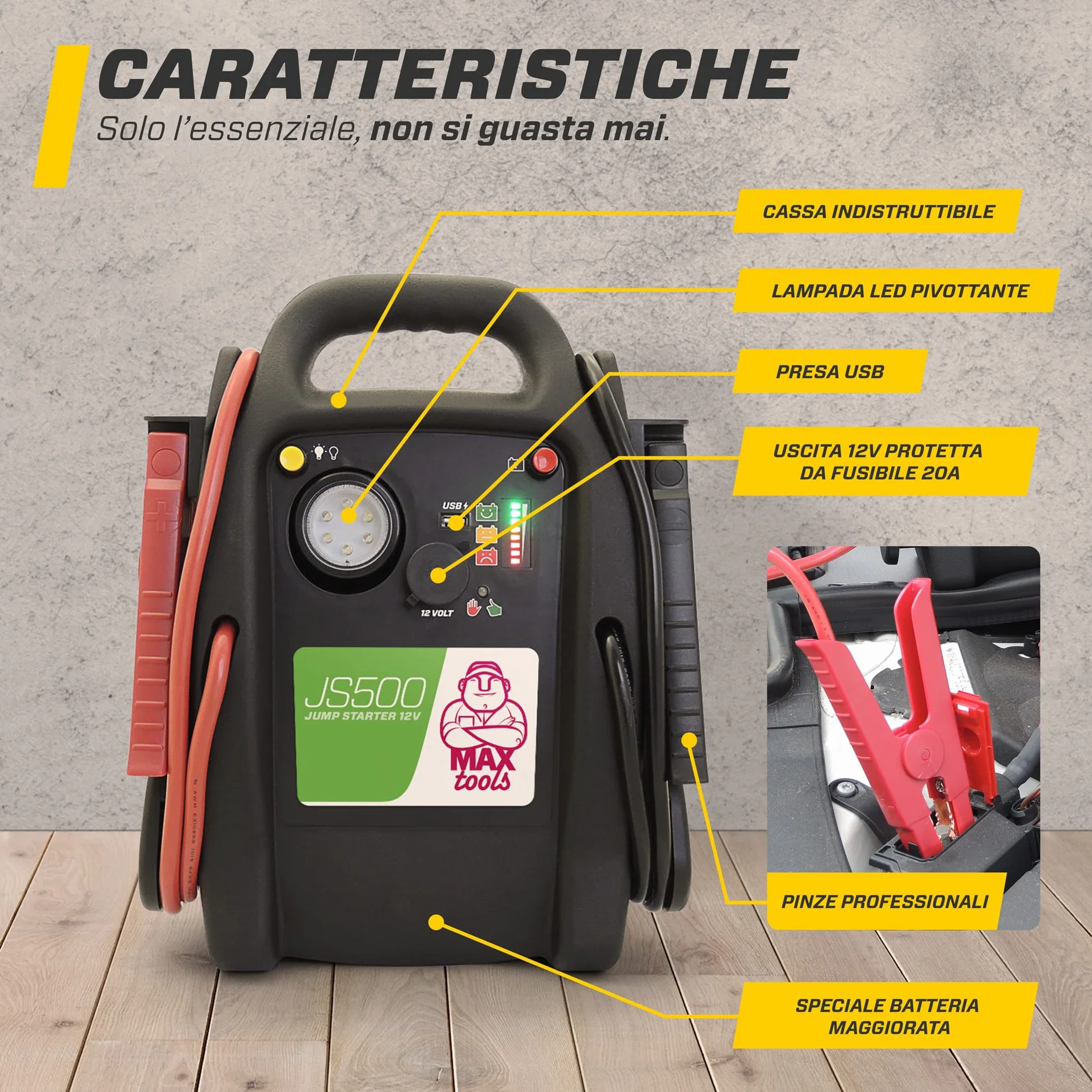 MAXTOOLS JS500 2200 A 22 Ah, Avviatore di Emergenza per Auto e Furgoni, Motori 12V Diesel e Benzina, Jump Starter, con Torcia LED, Porta USB e Cavi di Avviamento