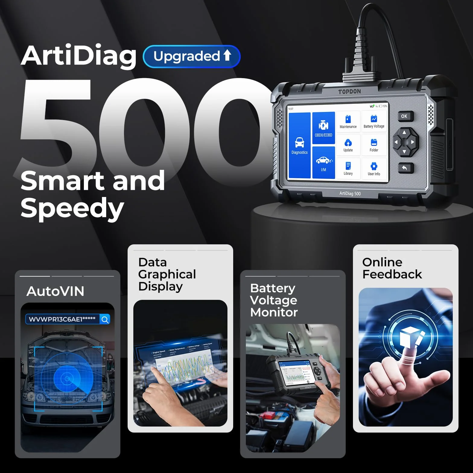 TOPDON AD500 Strumento di diagnostica auto OBD2 6 servizi reset olio SAS TPMS ETS BMS freno