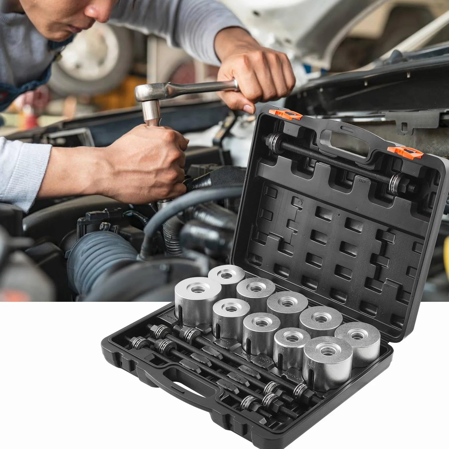VEVOR Kit Manicotto di Trazione e Pressione 27 Pezzi, Set Rimozione Cuscinetti Boccola Acciaio con Custodia Trasporto