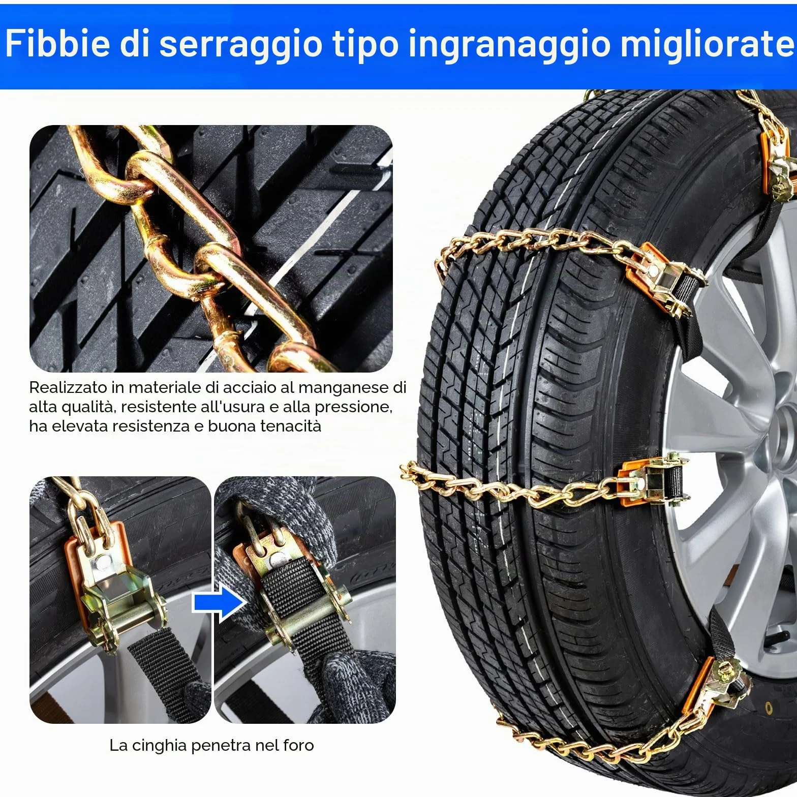 Ninonly Catene da Neve Universali 8Pcs per Auto - Montaggio Facile, Pneumatici 165-265mm, Guanti e Attrezzo Inclusi (Stringere la fibbia)
